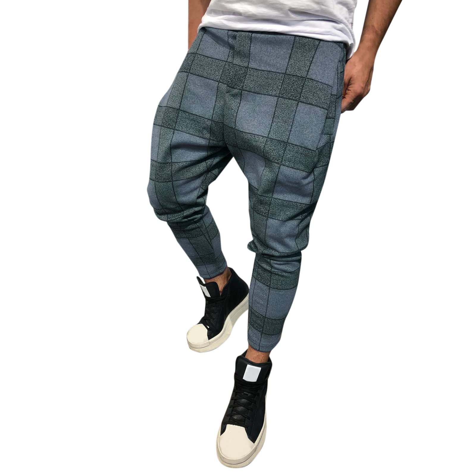 Men's Casual Work Pants with Plaid Print, Drawstring Waist & Pockets - Comfortable Office & Outdoor Pants for Daily Wear, Hiking, and Construction Work