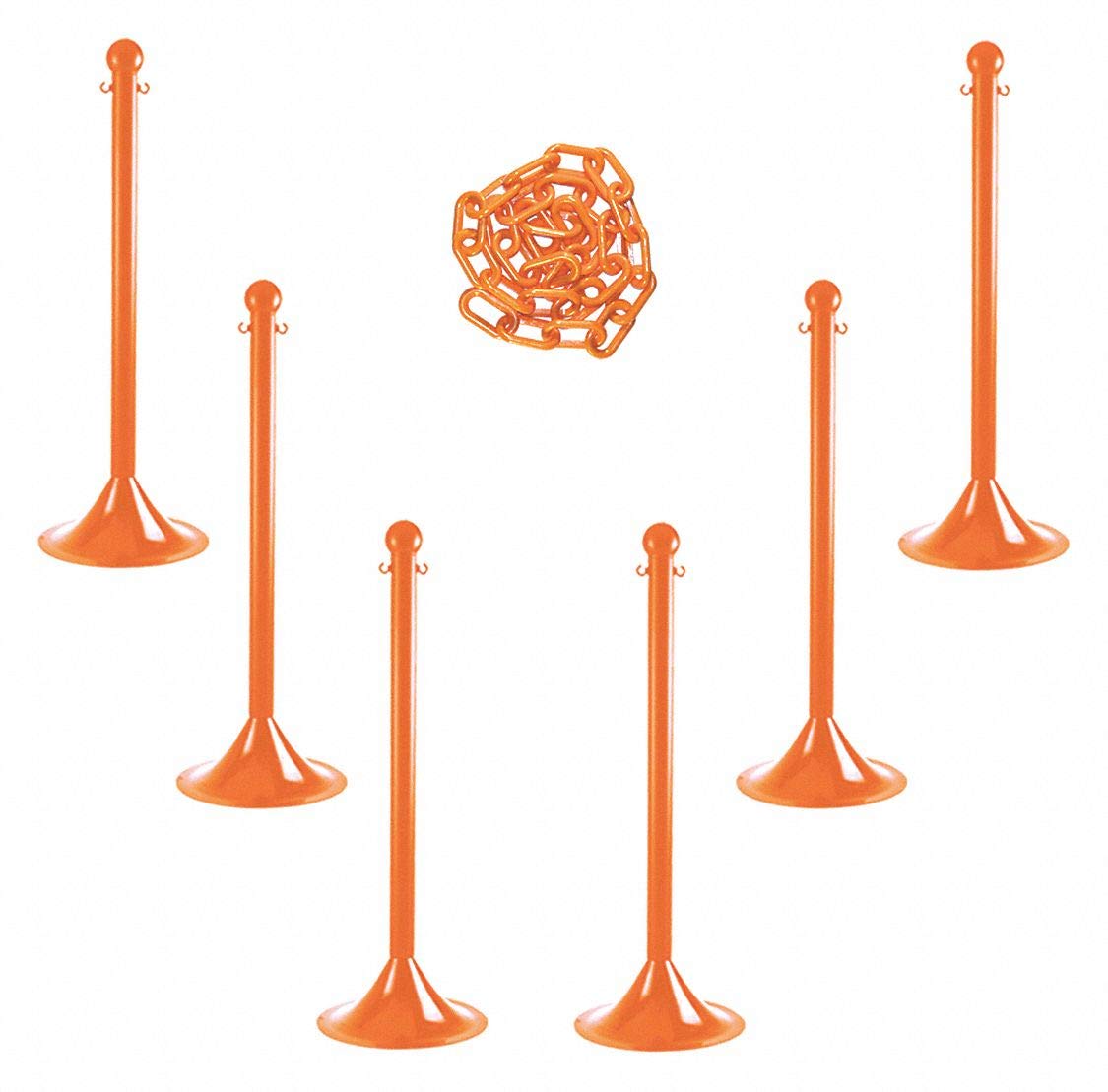 Mr. Chain Plastic Stanchion Kit - 6 Pack with 50ft 2-Inch Safety Orange Link Chain & C-Hooks (71012-6) - Perfect for Crowd Control, Event Barriers, and Queue Management