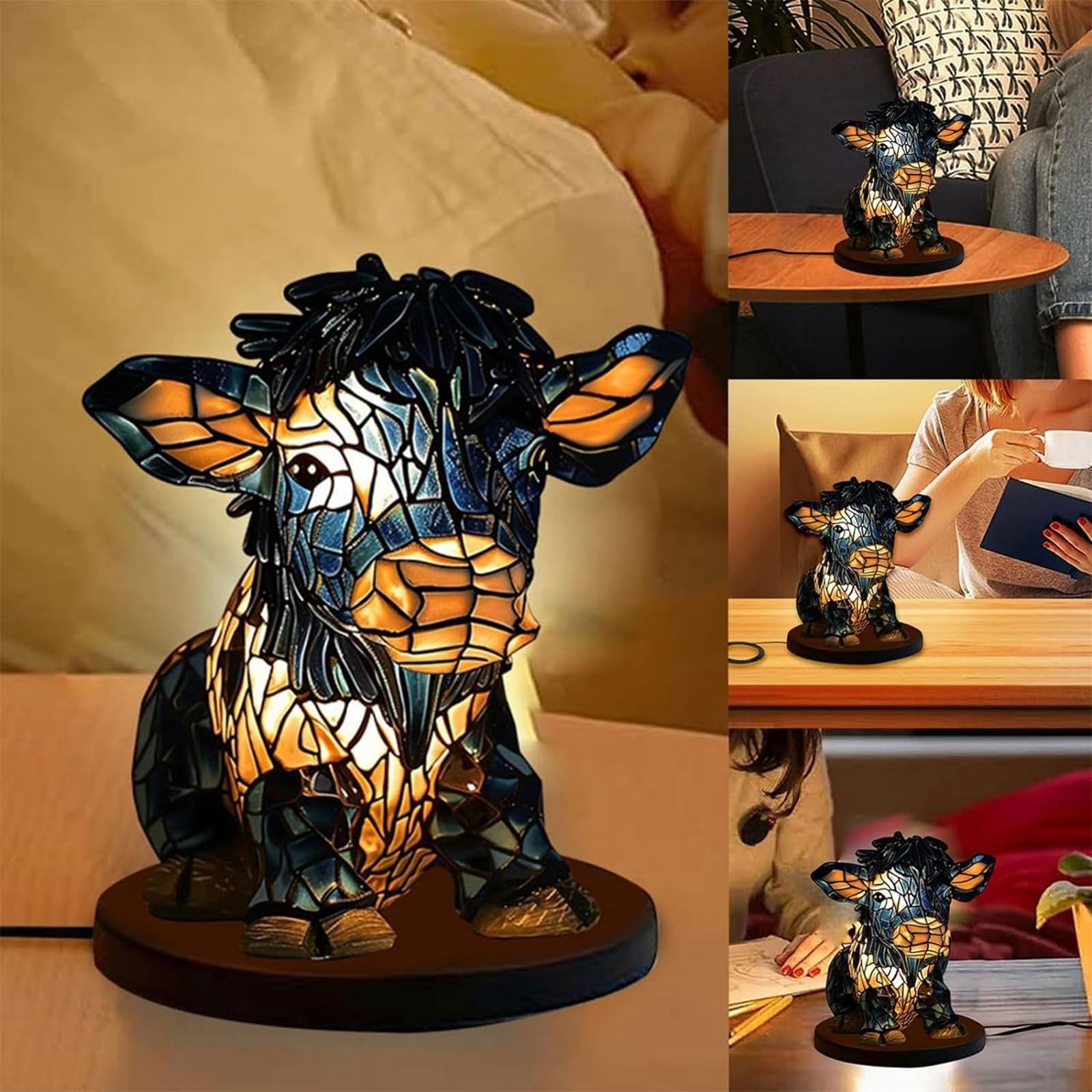 Cute Cow Table Lamp with USB Port - Nightstand Bedside Lamp for Bedroom, Living Room & Home Office - Soft Reading Light & Cozy Home Decor