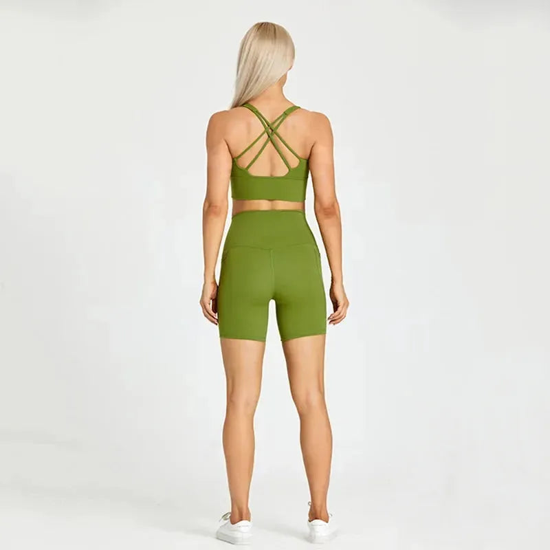 ABS LOLI Pockets Yoga Shorts Set for Women - 2 Piece High Waist Workout Outfit with Side Pockets | Gym Wear, Running Shorts & Sports Clothes | Perfect for Yoga, Fitness Training & Casual Athleisure Wear