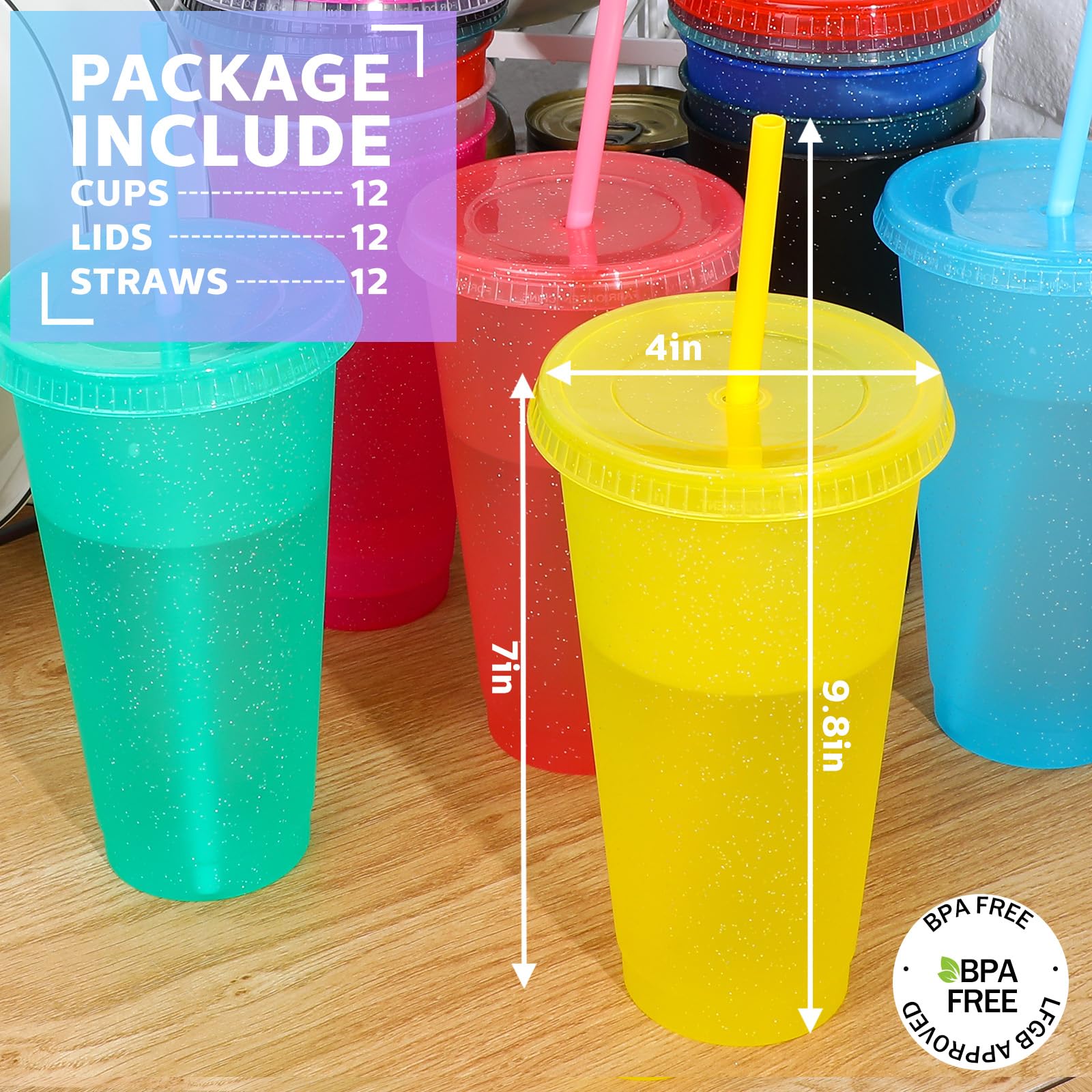 18-Pack 24oz Reusable Plastic Tumbler Cups with Lids & Straws - Glitter Vivid Color Travel Mugs for Iced Coffee, Water & Beverages - Perfect for Office, Gym, Beach & Outdoor Activities