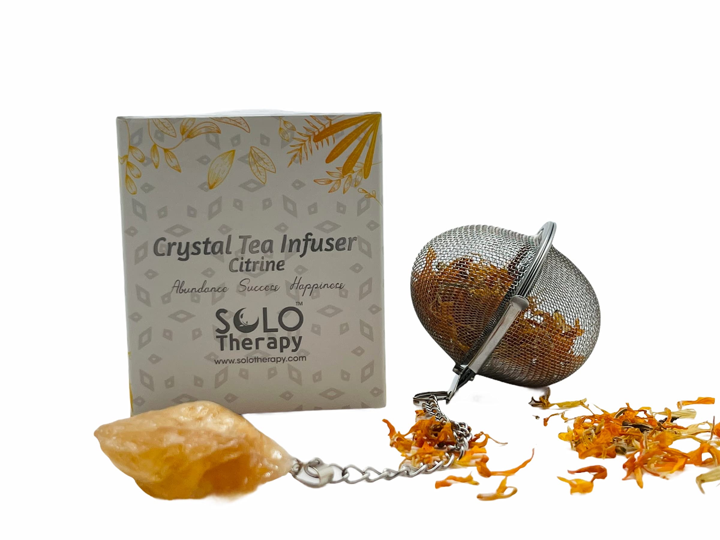 Premium Citrine Crystal Tea Infuser with Stainless Steel Mesh - Loose Leaf Tea Strainer with Extended Chain Hook - Perfect for Herbal Tea, Chai, and Green Tea Brewing at Home or Office