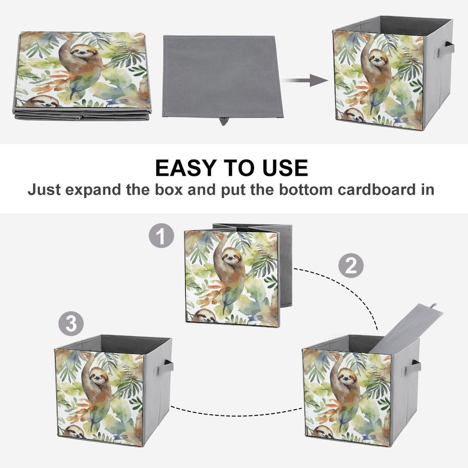 Waterproof Sloth Print Storage Baskets - 2 Pack Foldable Fabric Bins for Home Organization, Kids Room & Closet Storage | Perfect for Toys, Laundry & Blankets