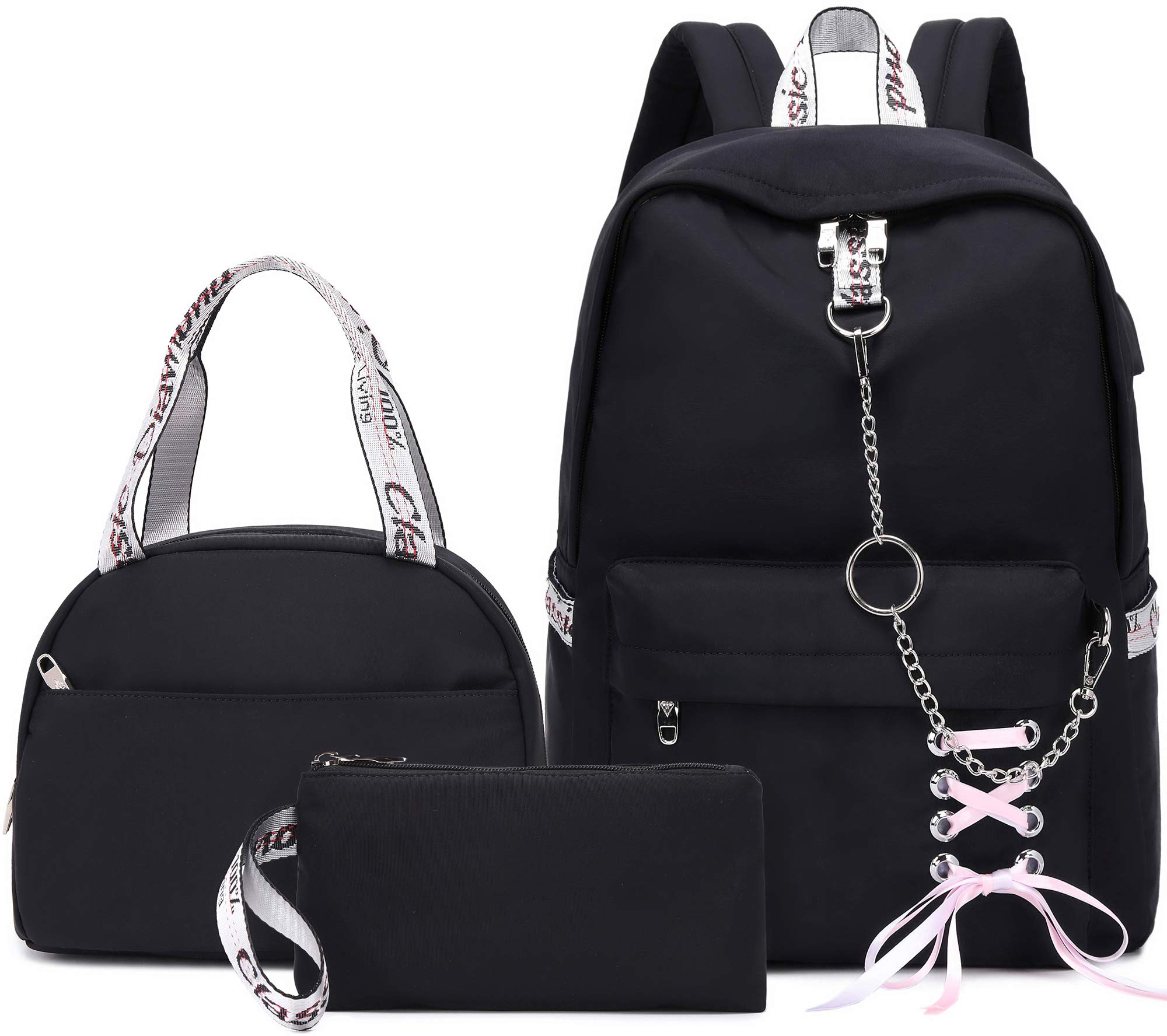 Hey Yoo Girls School Backpack Set with Lunch Bag - Black for Teens & Kids | School & Travel Use