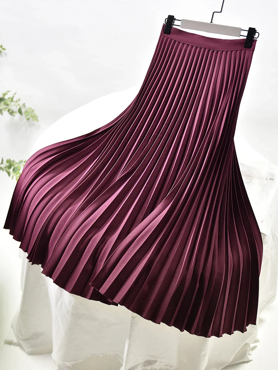 Brand Designer Women's High Waist Pleated Skirt - Elegant Solid Color A-Line Skirt with Elastic Waistband for Spring & Autumn | Office Wear, Party Outfits, Casual Chic Fashion