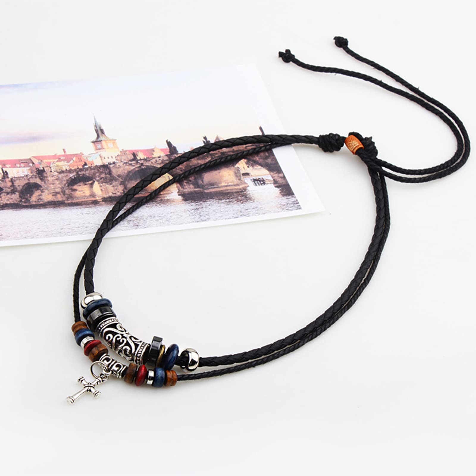 KieTeiiK Cross Pendant Necklace for Women & Men - Double Layer Beaded Charm with Leather Cord, Tribal Ethnic Jewelry Gift for Christmas, Birthday, Anniversary | Boho Style Layered Necklace for Everyday Wear