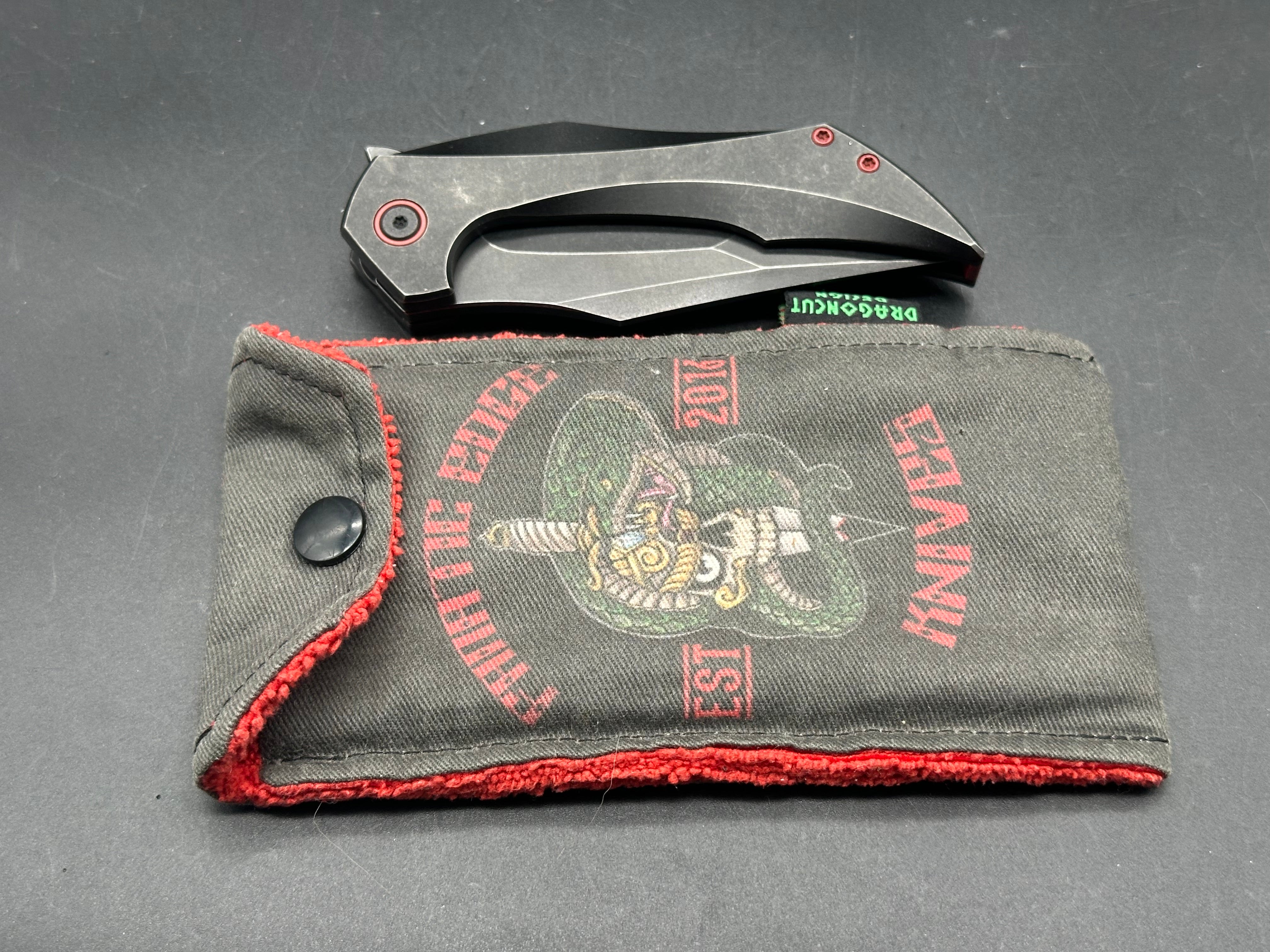Fanatic Edge Omen Black Milled Titanium Handle Knife with Red Hardware & Clip Point Tanto Blade - Bohler M390 Steel - EDC, Camping, Survival, Outdoor Activities