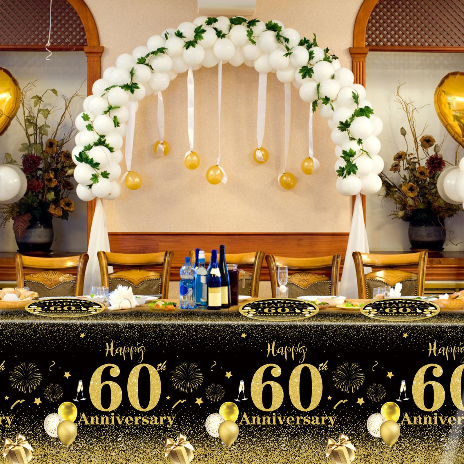 60th Wedding Anniversary Decorations Set - 41 PCS Black & Gold Party Supplies with Plates, Napkins, Tablecloth - Diamond Anniversary Party Favors for Men & Women - Perfect for 60th Birthday Celebrations, Retirement Parties & Milestone Events