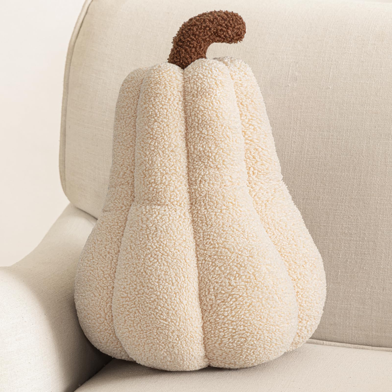 Phantoscope Teddy Fleece Squash Pumpkin Throw Pillows - Ultra Soft Sherpa Decorative 3D Cushion for Thanksgiving & Fall Decor (Off White, 16x12 Inches) - Perfect for Sofa, Bed, Nursery & Seasonal Home Decor