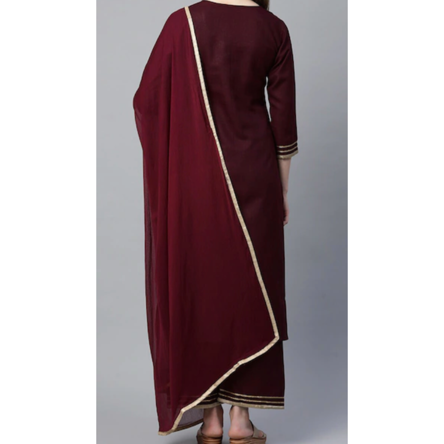 Elegant Maroon Embroidered Gotta Patti Kurta Set with Palazzos & Dupatta for Women | Festive Ethnic Wear | Perfect for Diwali, Weddings & Special Occasions