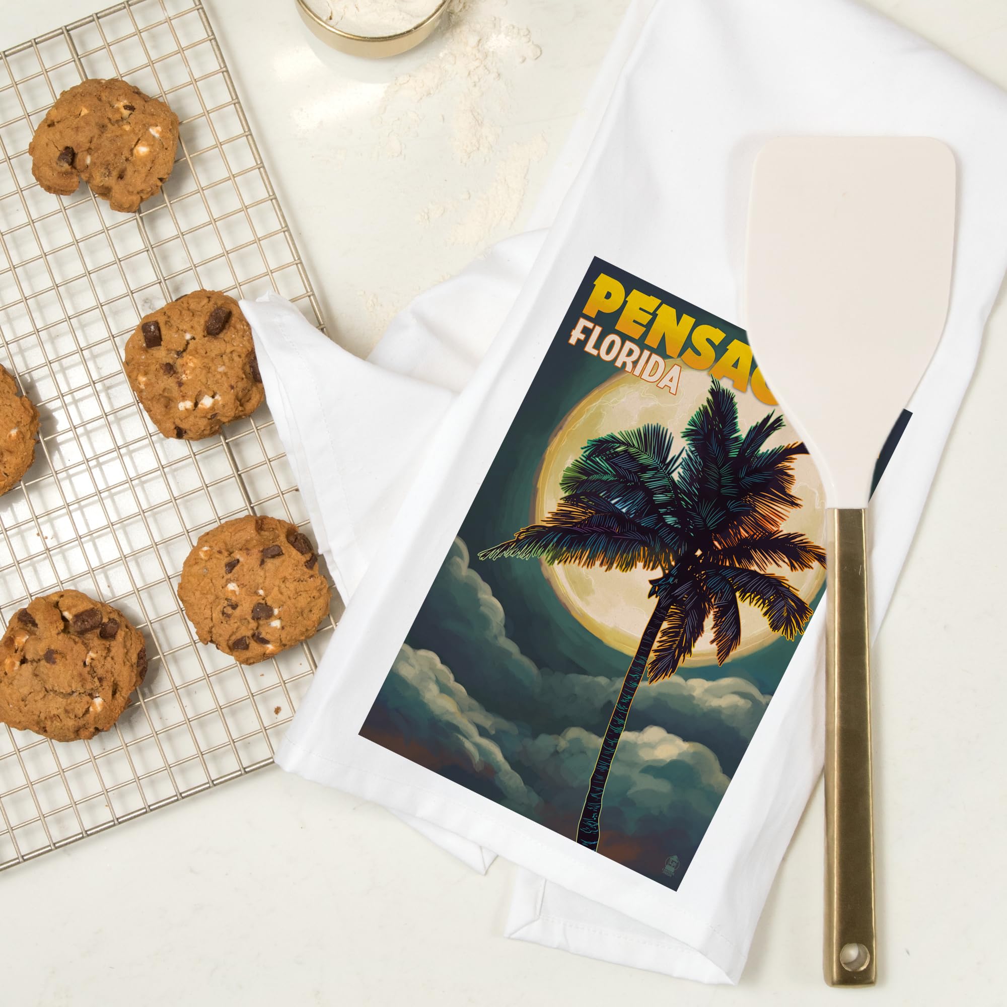 Lantern Press Pensacola Florida Palms and Moon 100% Cotton Tea Towel - Decorative Hand Towel for Kitchen, Bathroom & Home Decor - Perfect for Gifts, Housewarming & Coastal Themed Spaces