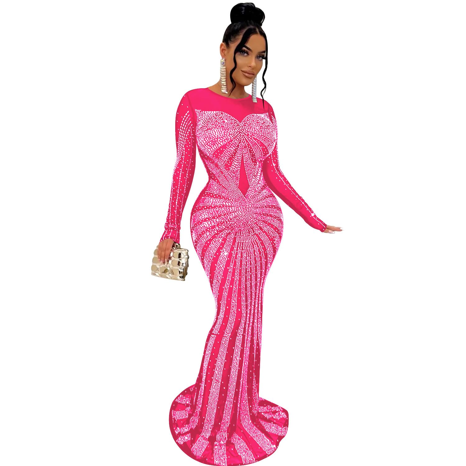 Elegant Solid Diamond Embellished Crewneck Long Sleeve Maxi Dress for Women - Perfect for Celebrity Parties, Evening Galas & Formal Occasions