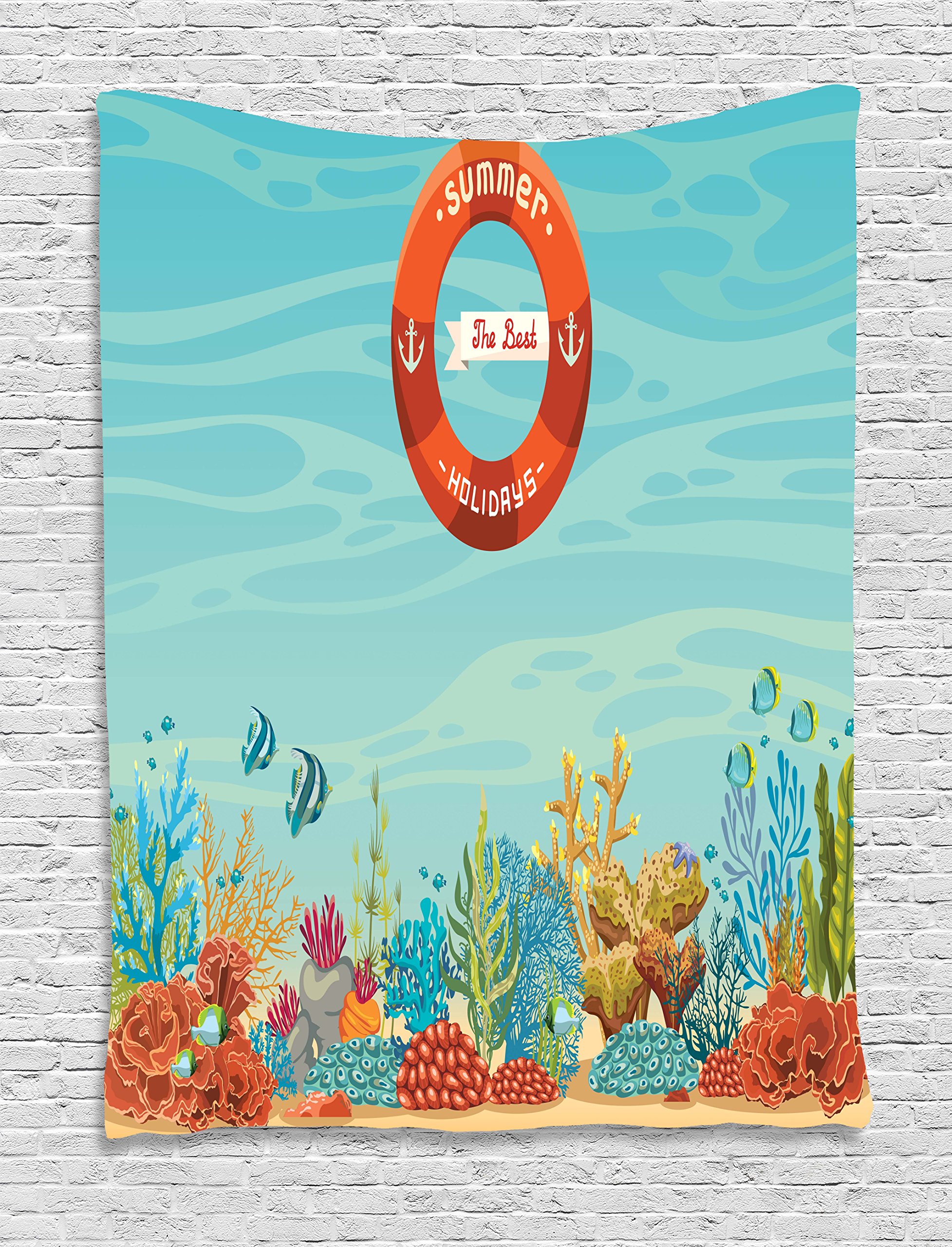 Ambesonne Marine Tapestry - Coral Reef Ocean Wall Art with Tropical Fish & Bubbles, Pale Blue & Orange Underwater Design (40x60 Inches) - Perfect for Bedroom, Living Room, Dorm Decor & Beach House Themed Spaces