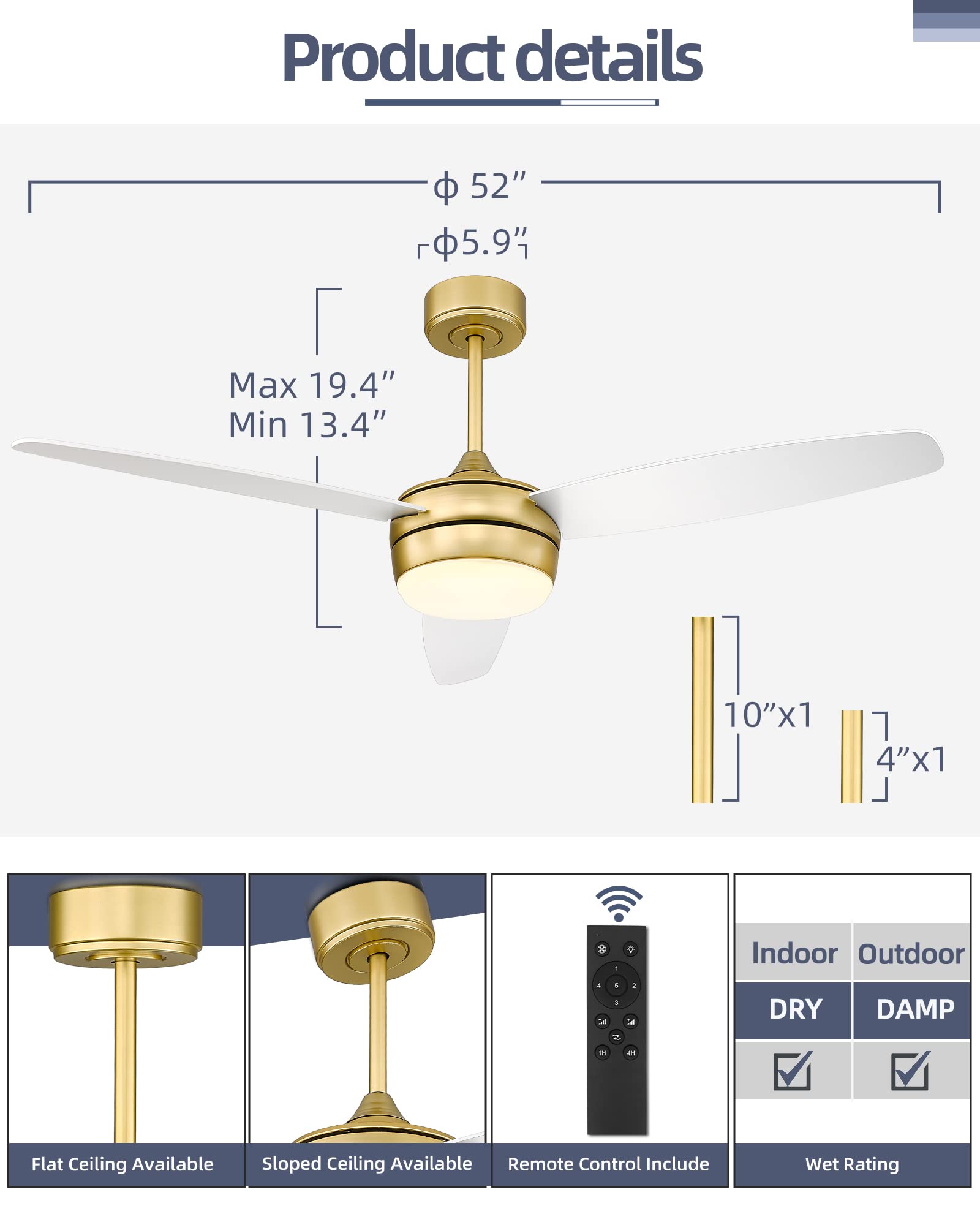 52 Inch Modern Gold Ceiling Fan with LED Light & Remote Control - 3 White Blades for Living Room, Bedroom, Bathroom - YOUKAIN 52-YJ273-WH - Perfect for Home, Office & Indoor Spaces