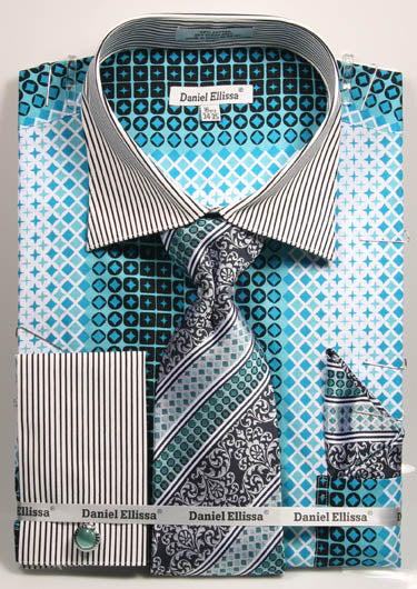 Daniel Ellissa Checker Pattern French Cuff Dress Shirt DS3786P2 Teal - Premium Formal Wear for Business Meetings & Special Occasions