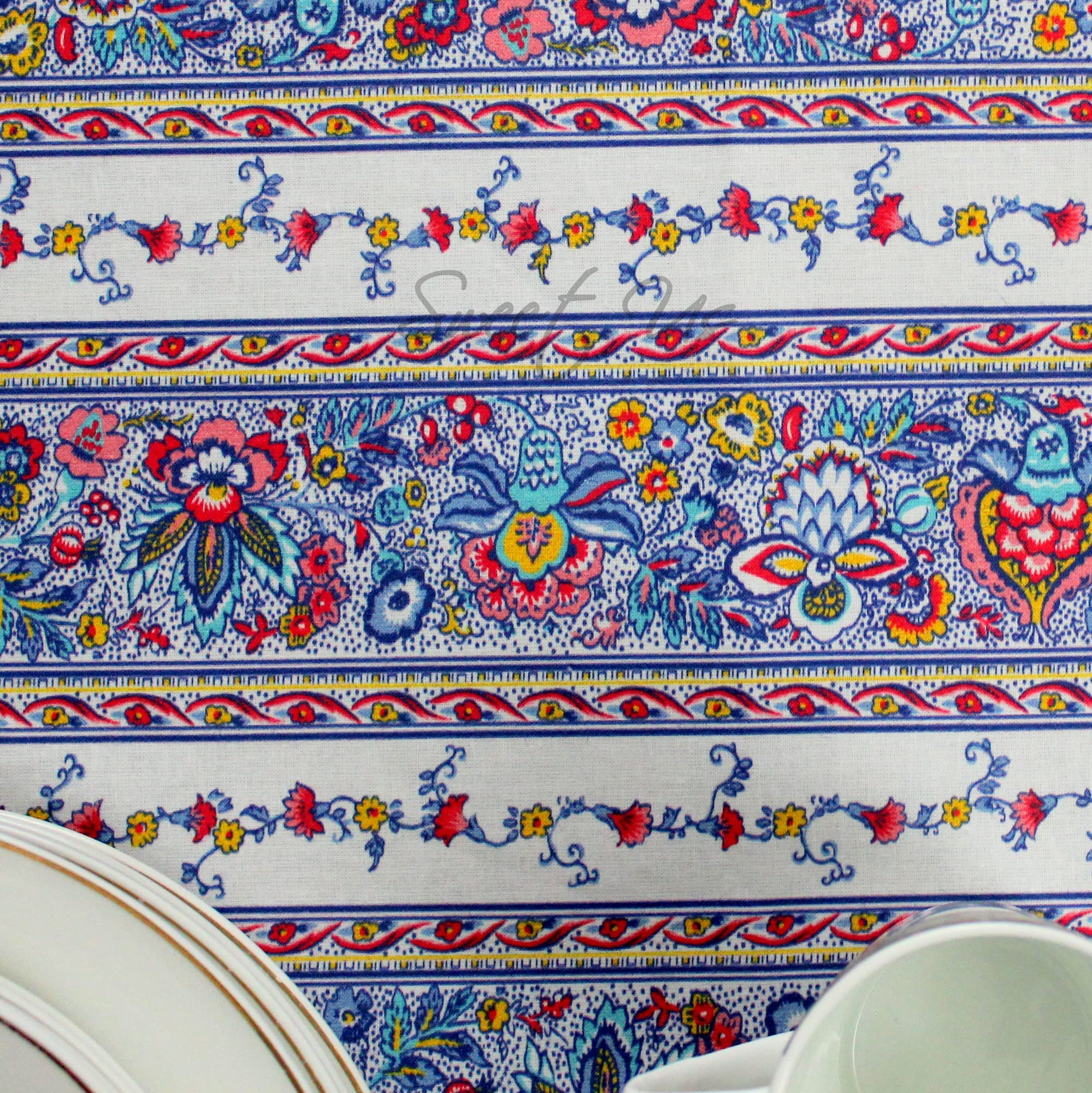 Spill-Resistant Wipeable Acrylic Coated Floral Cotton Tablecloth - French Provencal Style 60x116 Inches Rectangle Table Cover in White Indienne Florale Design - Perfect for Dining Room, Kitchen, Outdoor Picnics & Special Occasions