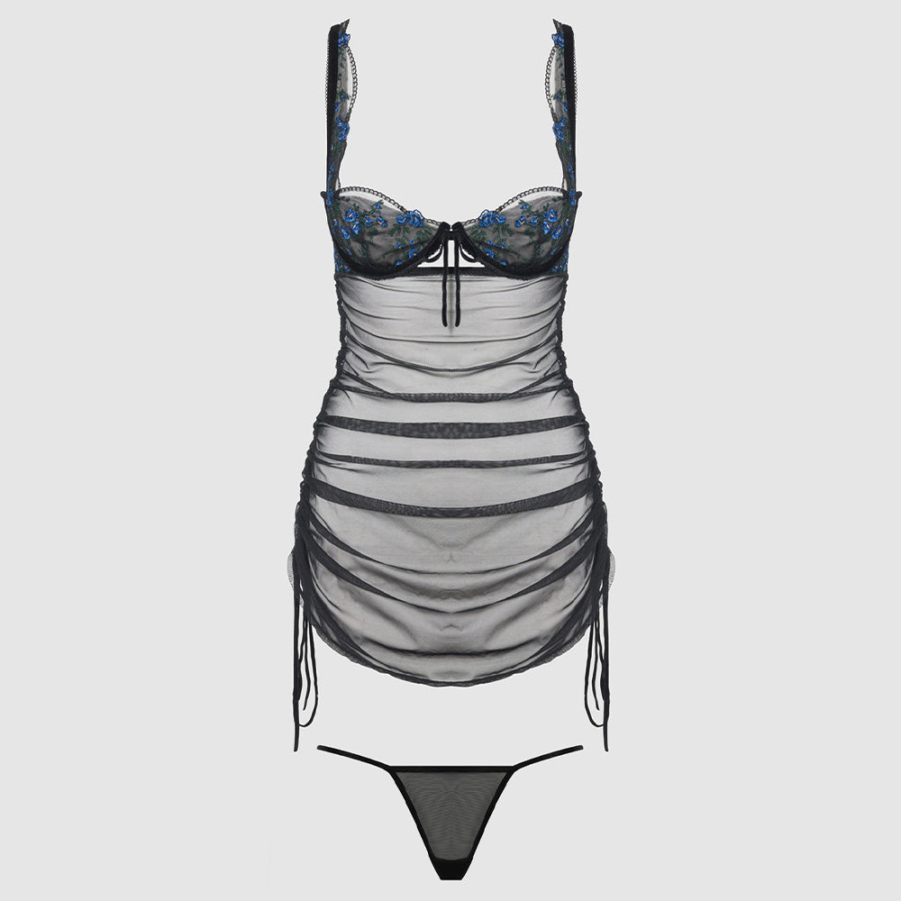 House of Desire Harper Floral Embroidery Ruched Mesh Chemise - Sexy Lace Nightgown for Women, Perfect for Valentine's Day & Romantic Nights