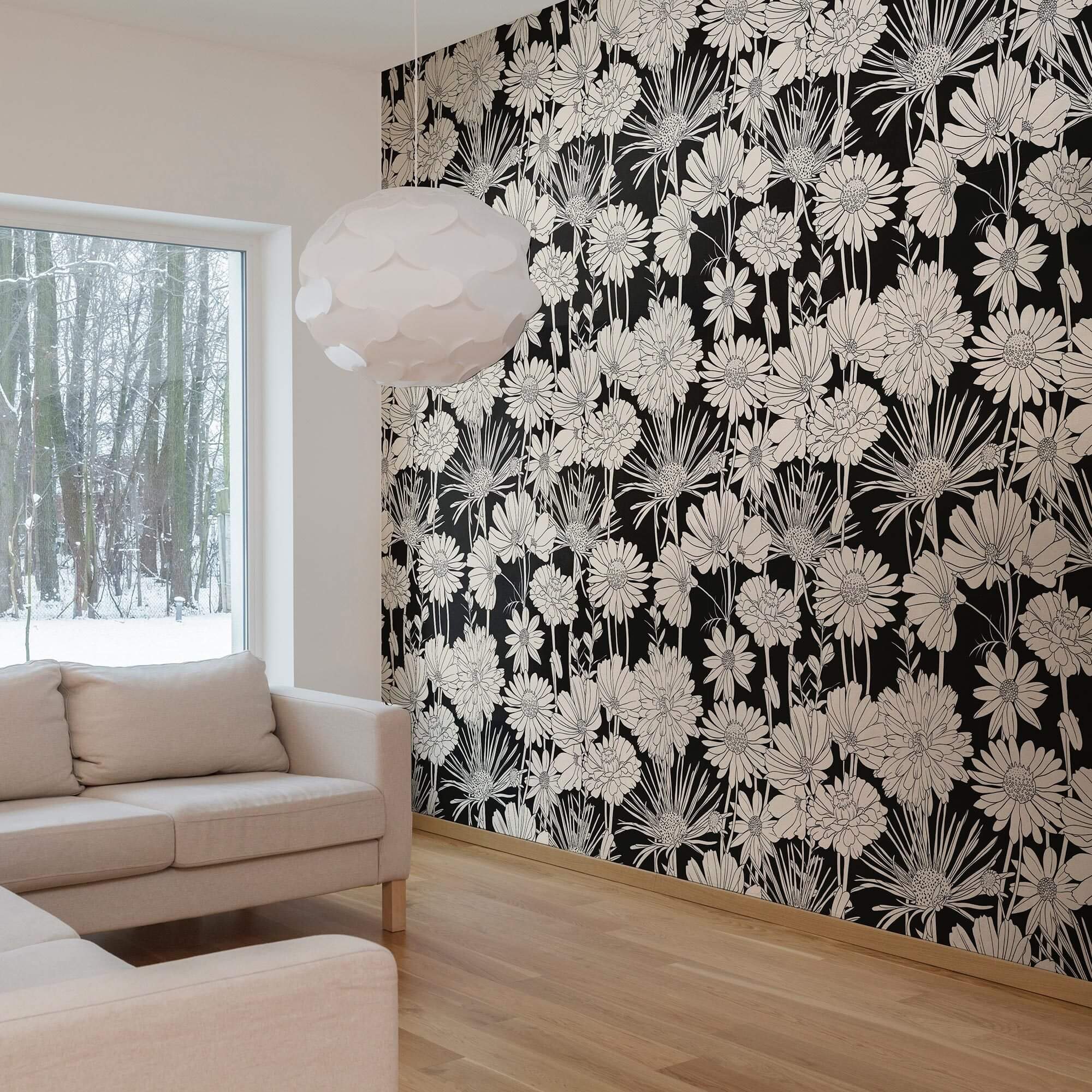 White and Black Hand Drawn Floral Peel and Stick Removable Wallpaper - Self-Adhesive Decorative Wall Covering for Bedroom, Living Room, Nursery, and Home Office Decor
