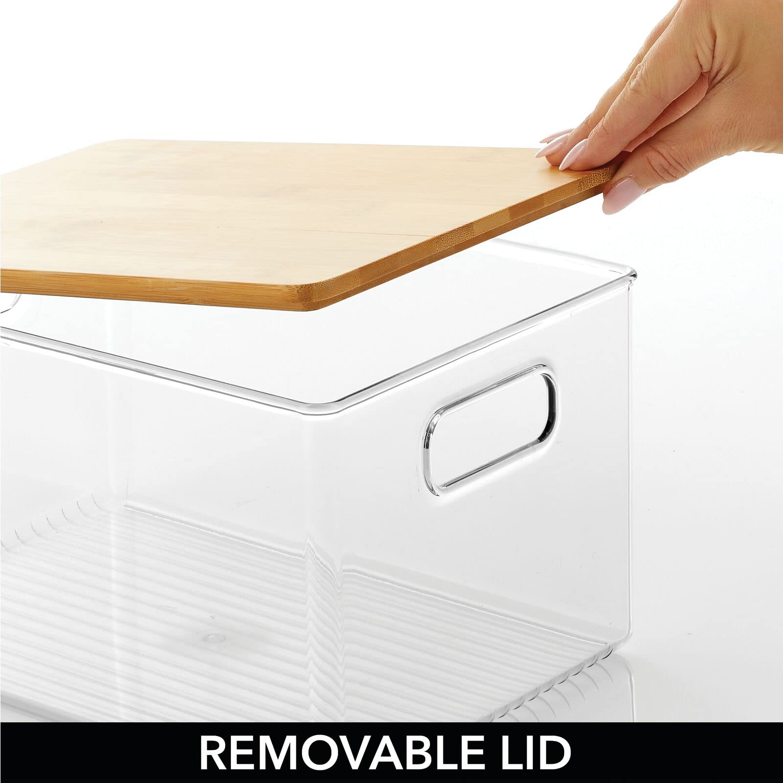 mDesign Plastic Stackable Kitchen Pantry Cabinet Organizer - 8-Pack Clear/Natural Food Storage Bins with Bamboo Lids & Built-In Handles - Perfect for Organizing Fruits, Snacks, Pasta & Jars in Pantry, Cabinet or Countertop - Ligne Collection