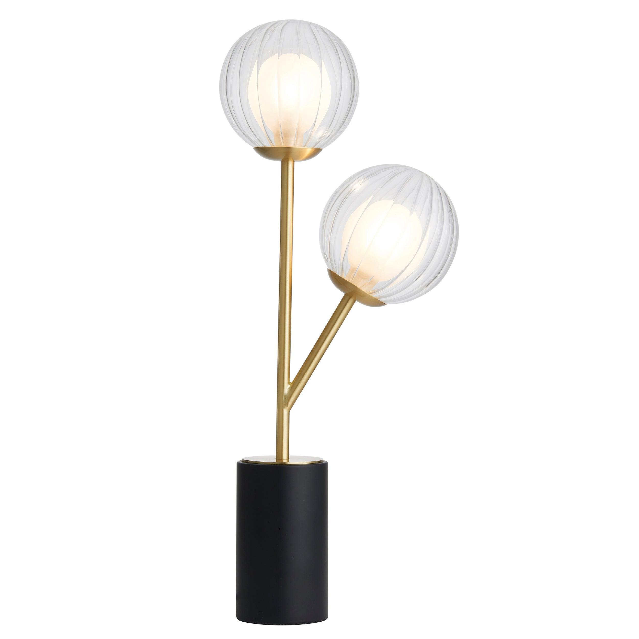 Vintage Riviera Art Deco 2-Light Brass Table Lamp with Glass Shades - Perfect for Bedroom Nightstand, Living Room Side Table & Office Desk Lighting