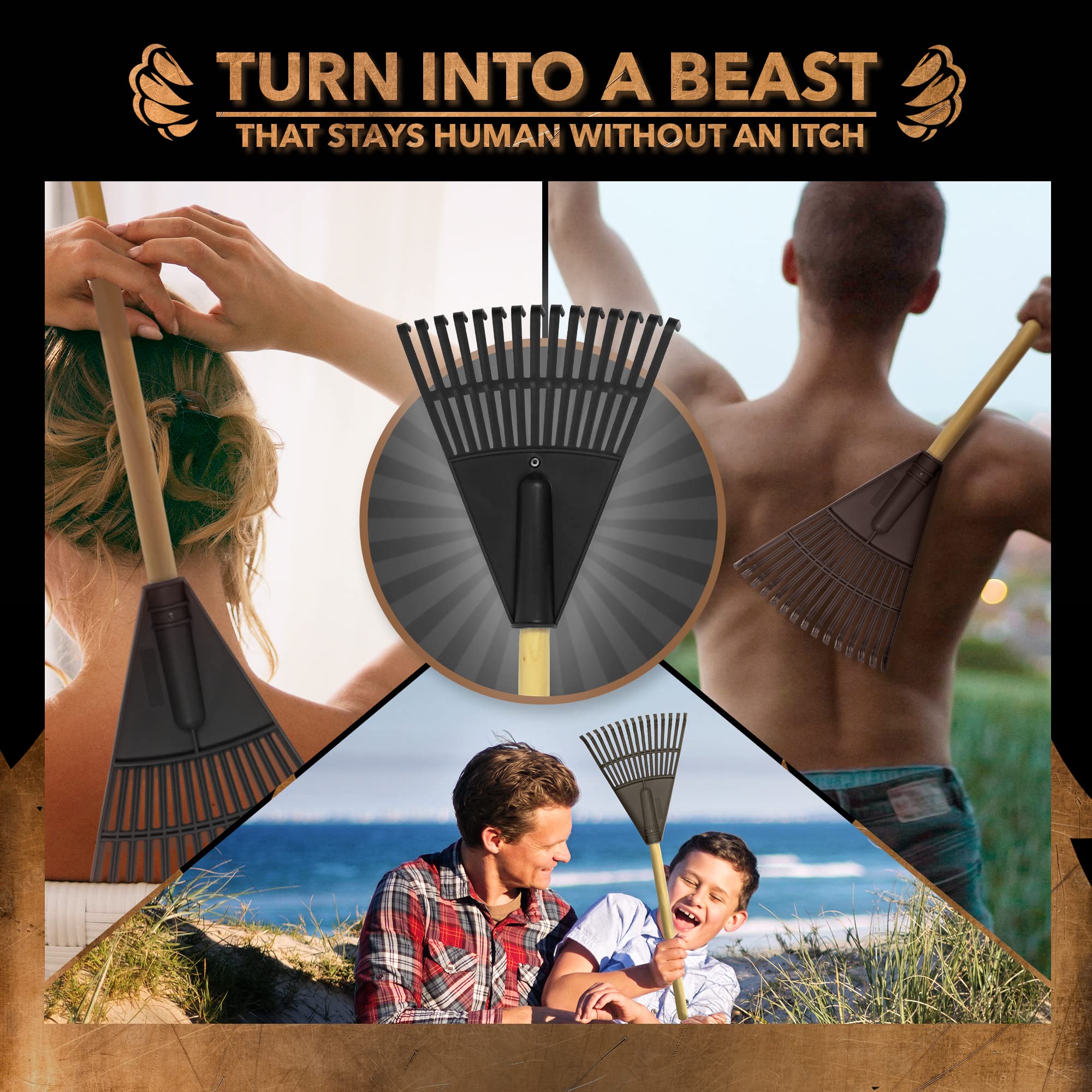 Beast Rake Back Scratcher - 15-Prong Oversized Back Scratcher with Anti-Slip Handle | Lightweight & Ergonomic Design for Men & Women | Perfect for Itch Relief, Back Massage & Hard-to-Reach Areas (Black)