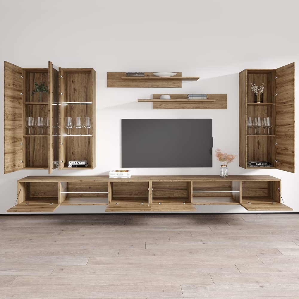 Modern Oak Wall-Mounted TV Stand with Storage Shelves & LED Lights - Floating Entertainment Center Console for Living Room & Bedroom - Space-Saving Furniture for Small Apartments & Home Theater Setup