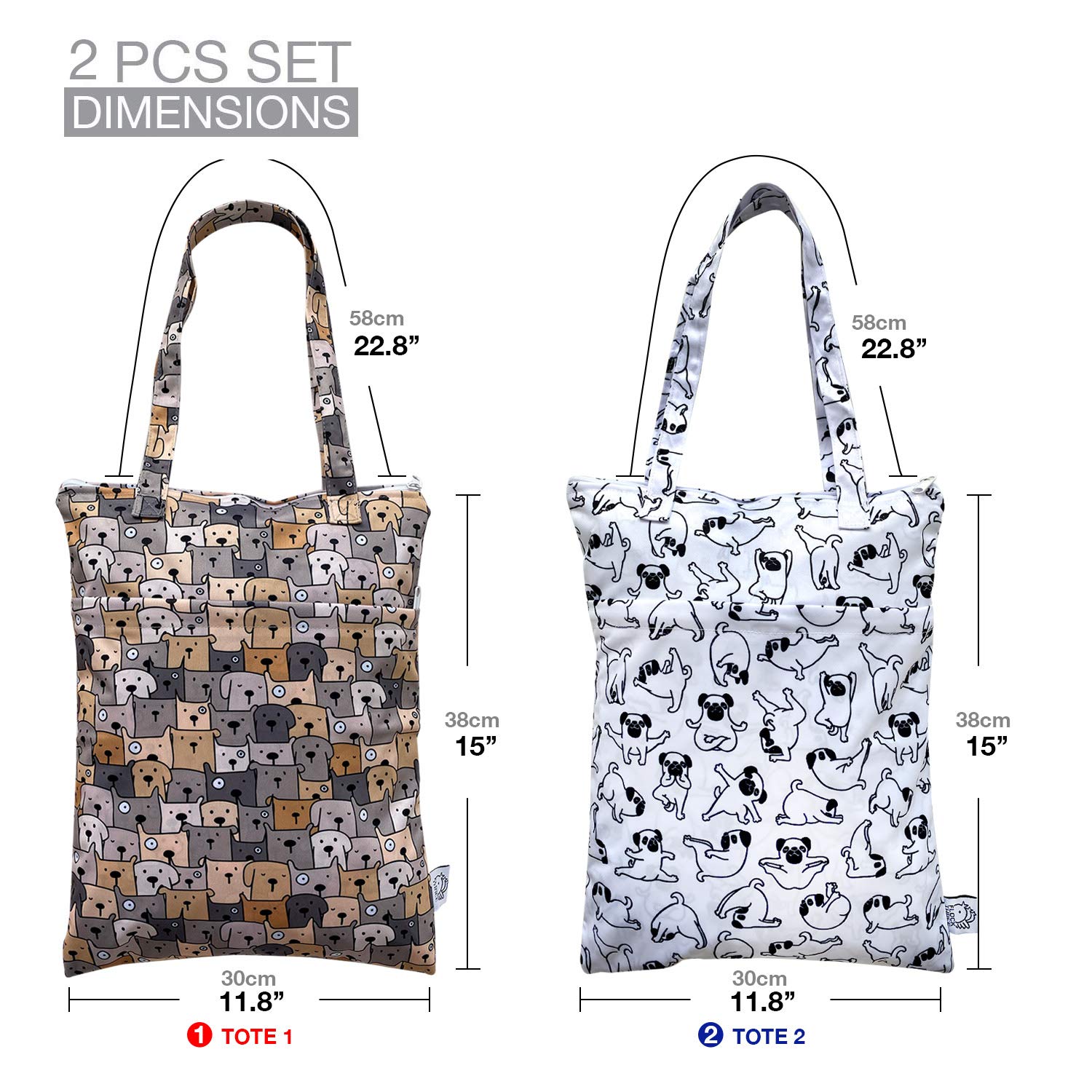 FLOCK THREE 2-Pack Waterproof Wet Dry Bags - Reusable Tote for Baby Diapers, Swimsuits & Travel - Ideal for Strollers, Beach Trips & Gym Use - Cute Dog Pattern Design (Small & Large Sizes)