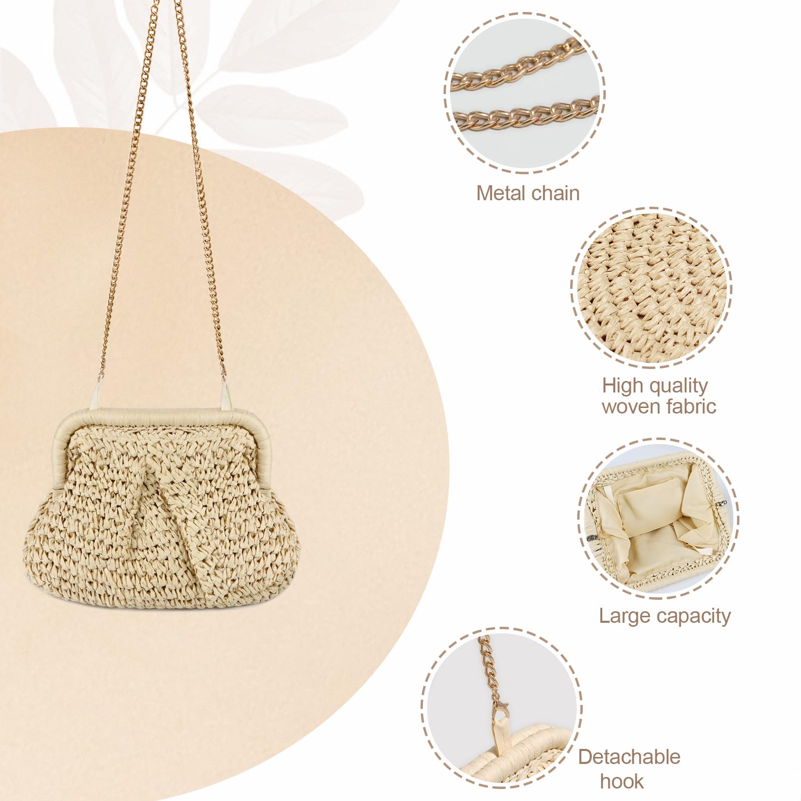 Straw Clutch Purse for Women - Handwoven Dumpling Crossbody Bag, Summer Beach Tote, Boho Chic Woven Straw Handbag for Casual Outings, Vacations & Date Nights