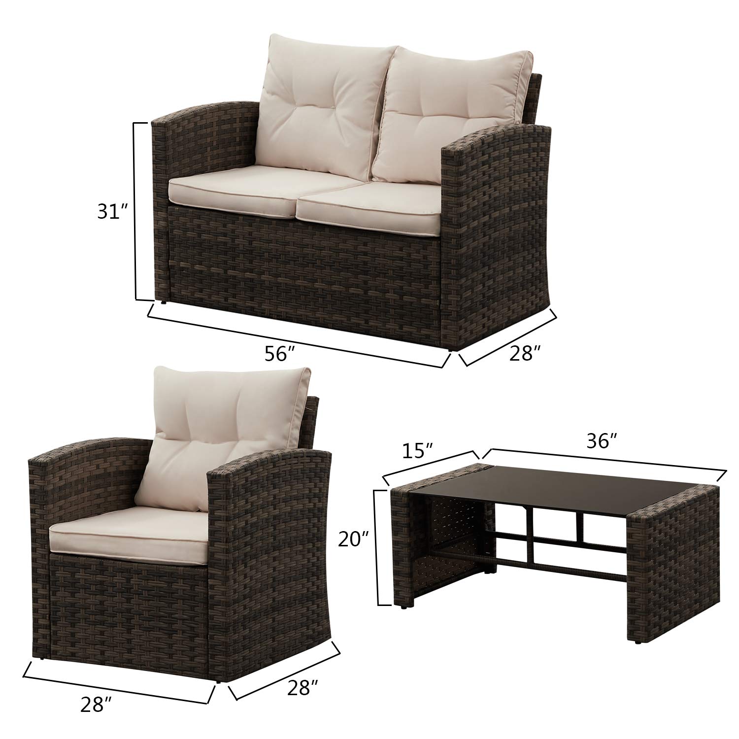 8-Piece Brown Gradient PE Rattan Outdoor Patio Furniture Set - Loveseat, Sofa, Chair & Table with Beige All-Weather Cushions - Perfect for Garden, Backyard, Poolside & Terrace Relaxation