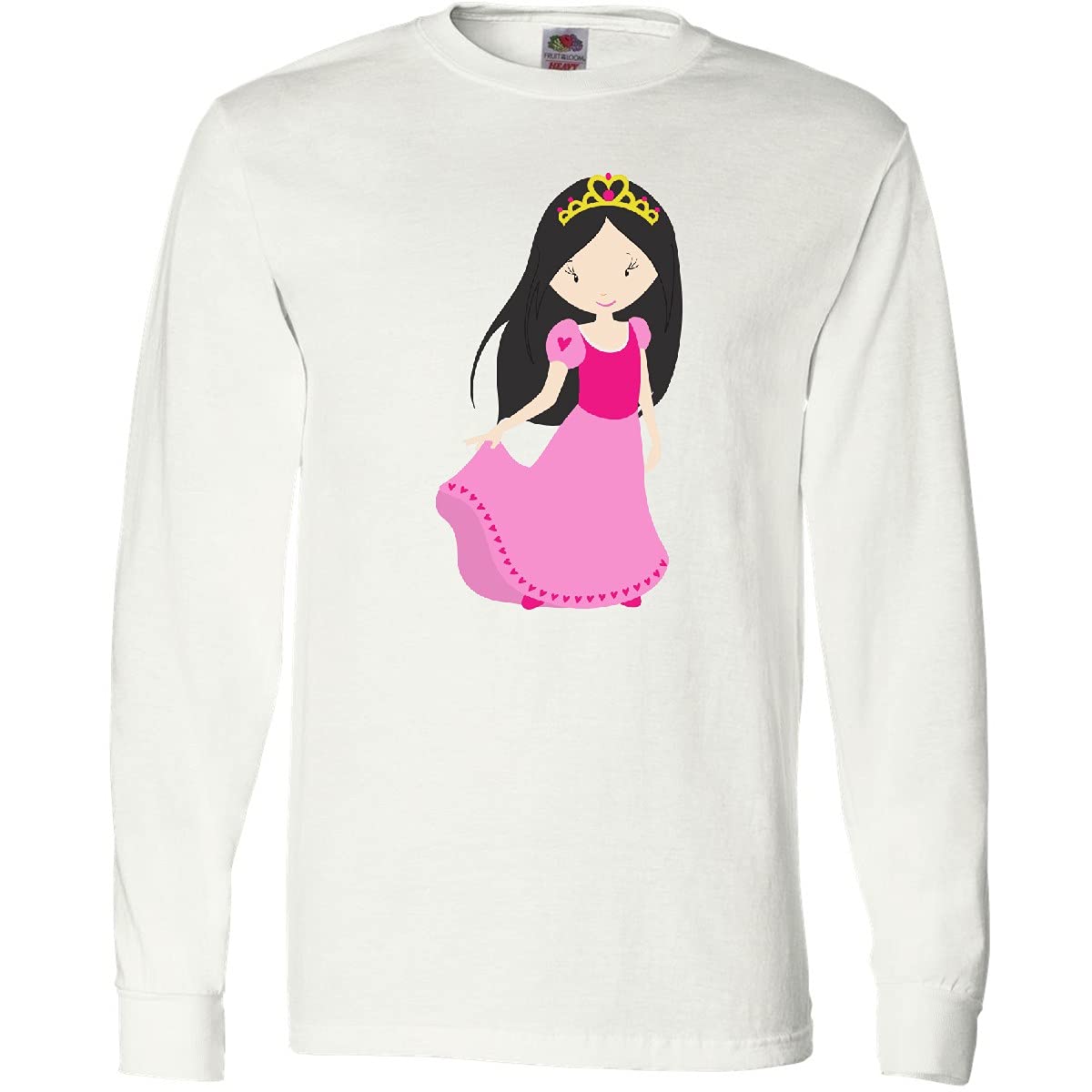 Inktastic Cute Princess T-Shirt with Crown, Black Hair & Pink Dress - Long Sleeve Graphic Tee for Girls | Perfect for Birthday Parties, Dress-Up Play & Everyday Wear