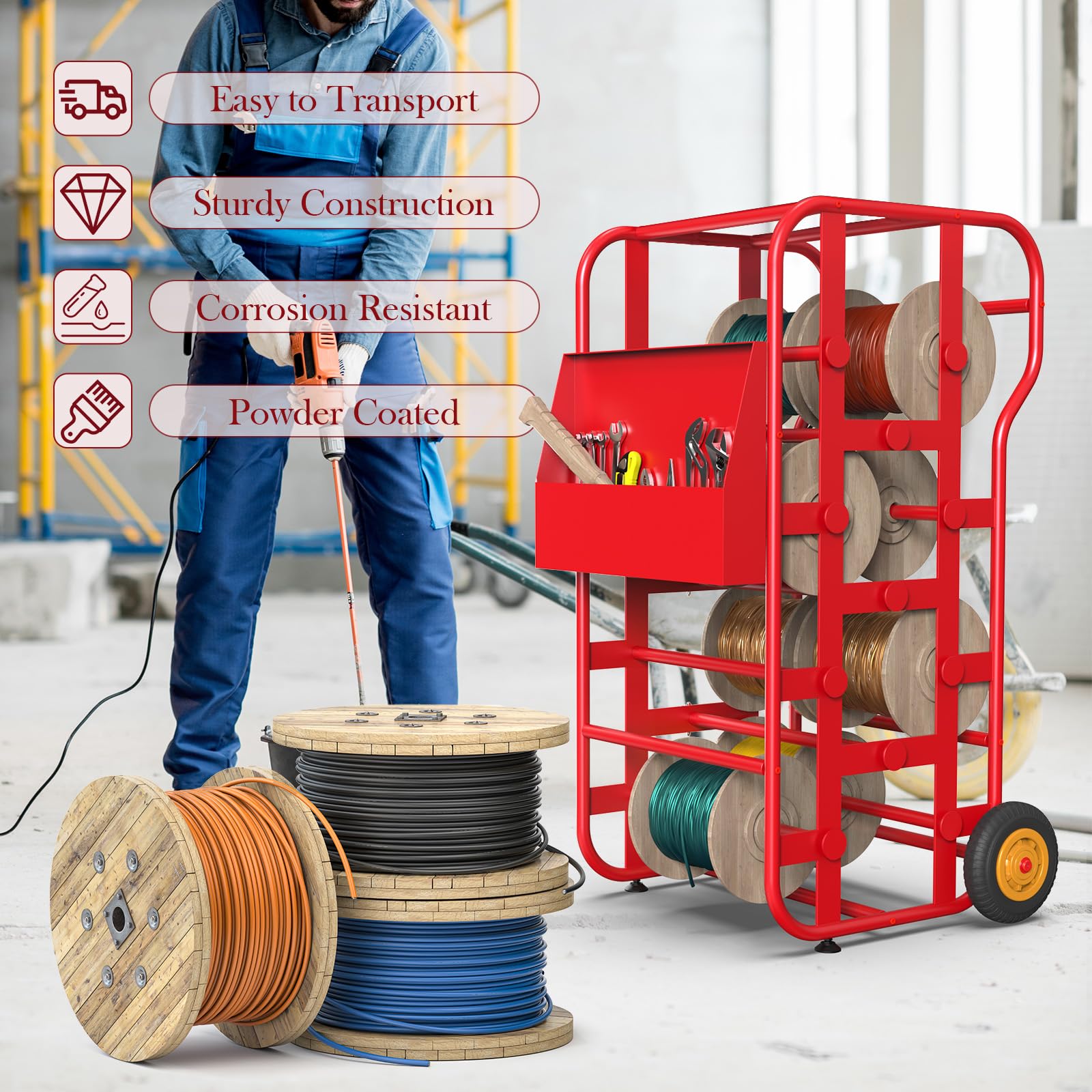 Heavy Duty Wire Spool Holder with Wheels - 6-Spool Electrical Cable Rack Dispenser with Storage Tray | Industrial Wire Organizer for Electricians, DIY Projects & Workshop Storage