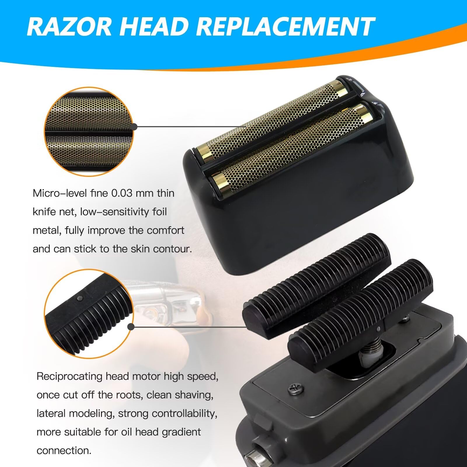 Replacement Foil and Cutter for Barberology FXFS2 Electric Shaver - Double Foil Shaver Replacement Head for PRO Barberology Razors (Bright Black) - Perfect for Professional Barbers & Home Grooming