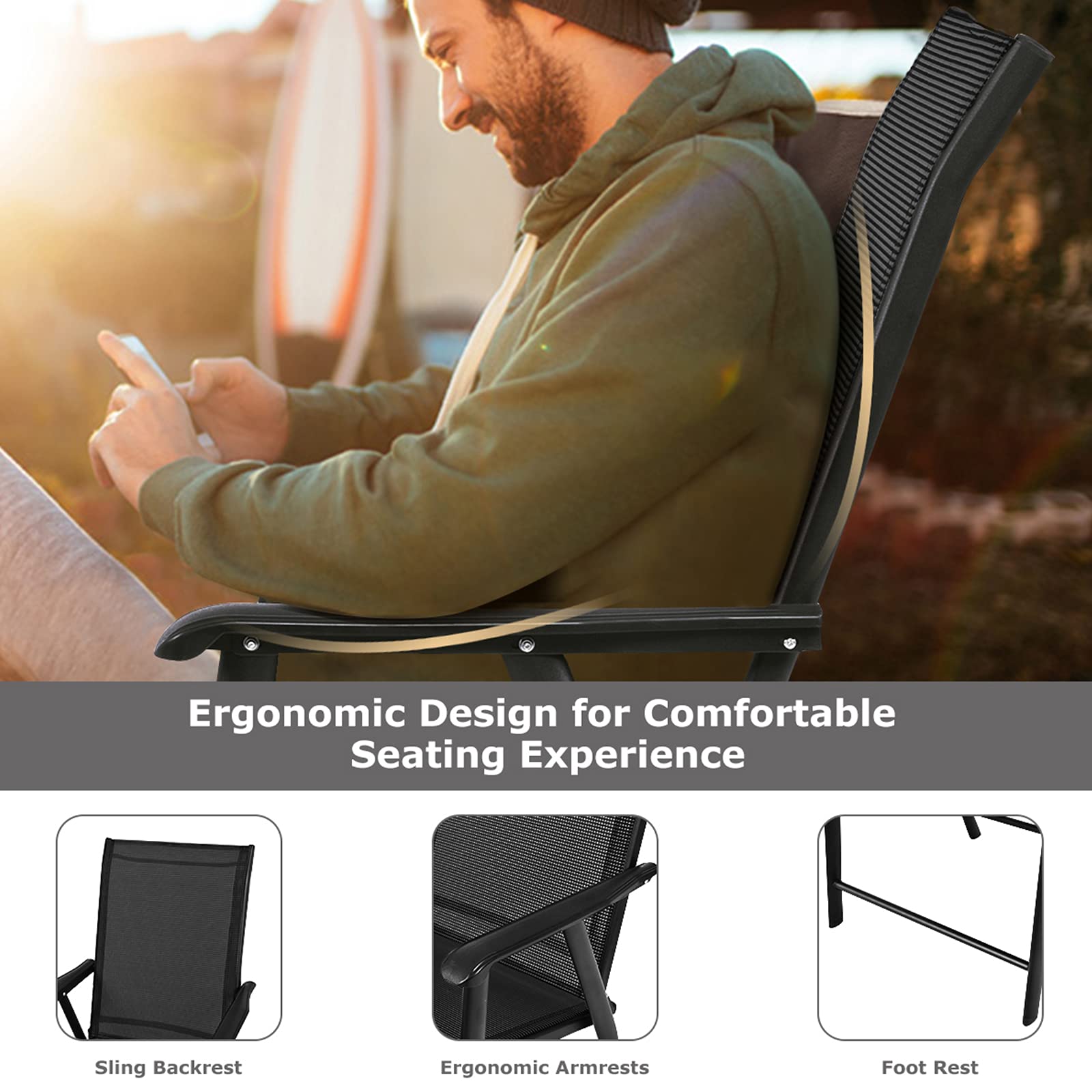 SAFSTAR 4-Pack Black Foldable Outdoor Sling Chairs with Armrests - Patio, Lawn, Garden, Backyard, Poolside & Porch Seating - Heavy Duty Folding Chairs for Camping, Picnics, Beach & BBQs