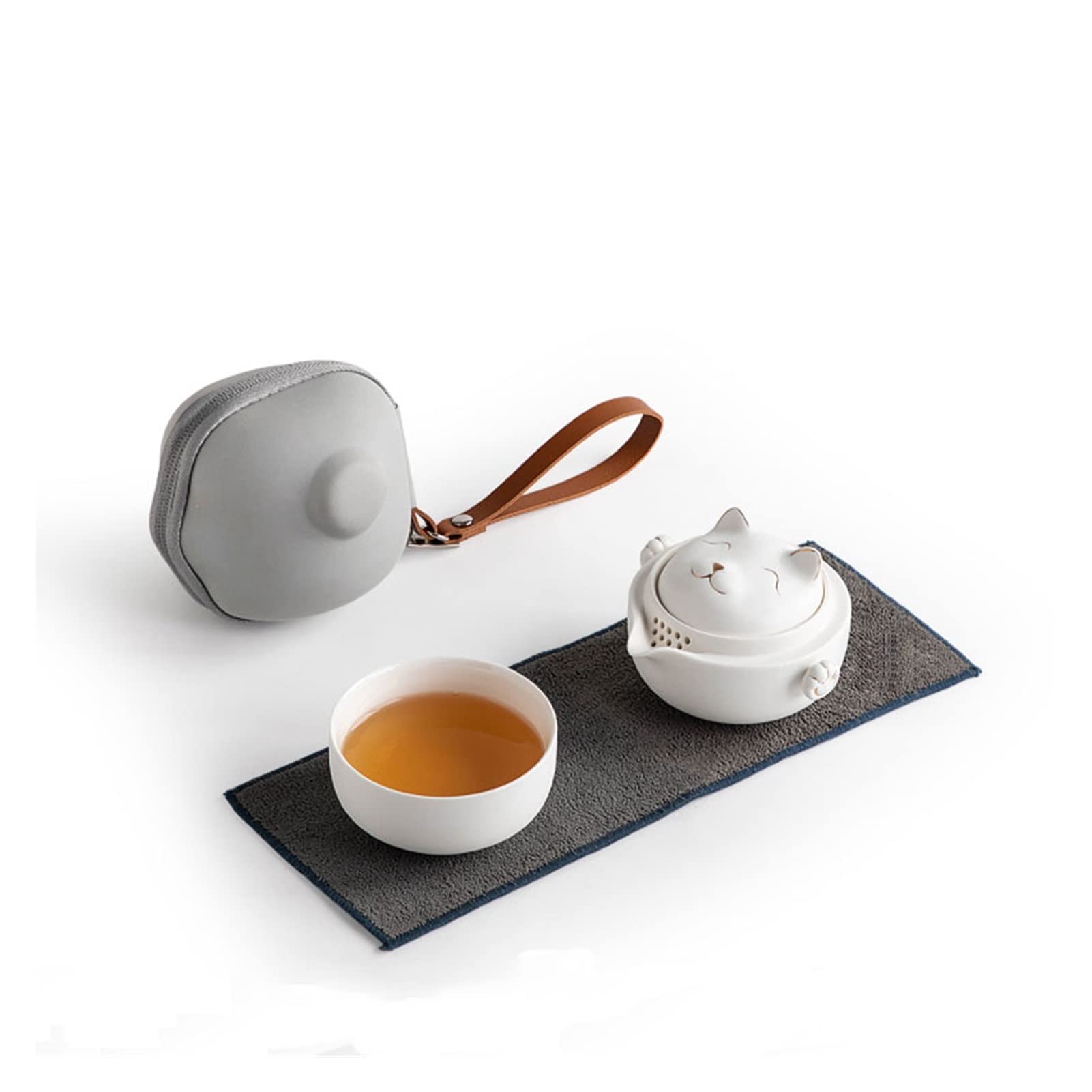Ceramic Teapot with Cup - Cute Cat Design Travel Tea Set, White - Perfect for Home, Office & Outdoor Tea Drinking