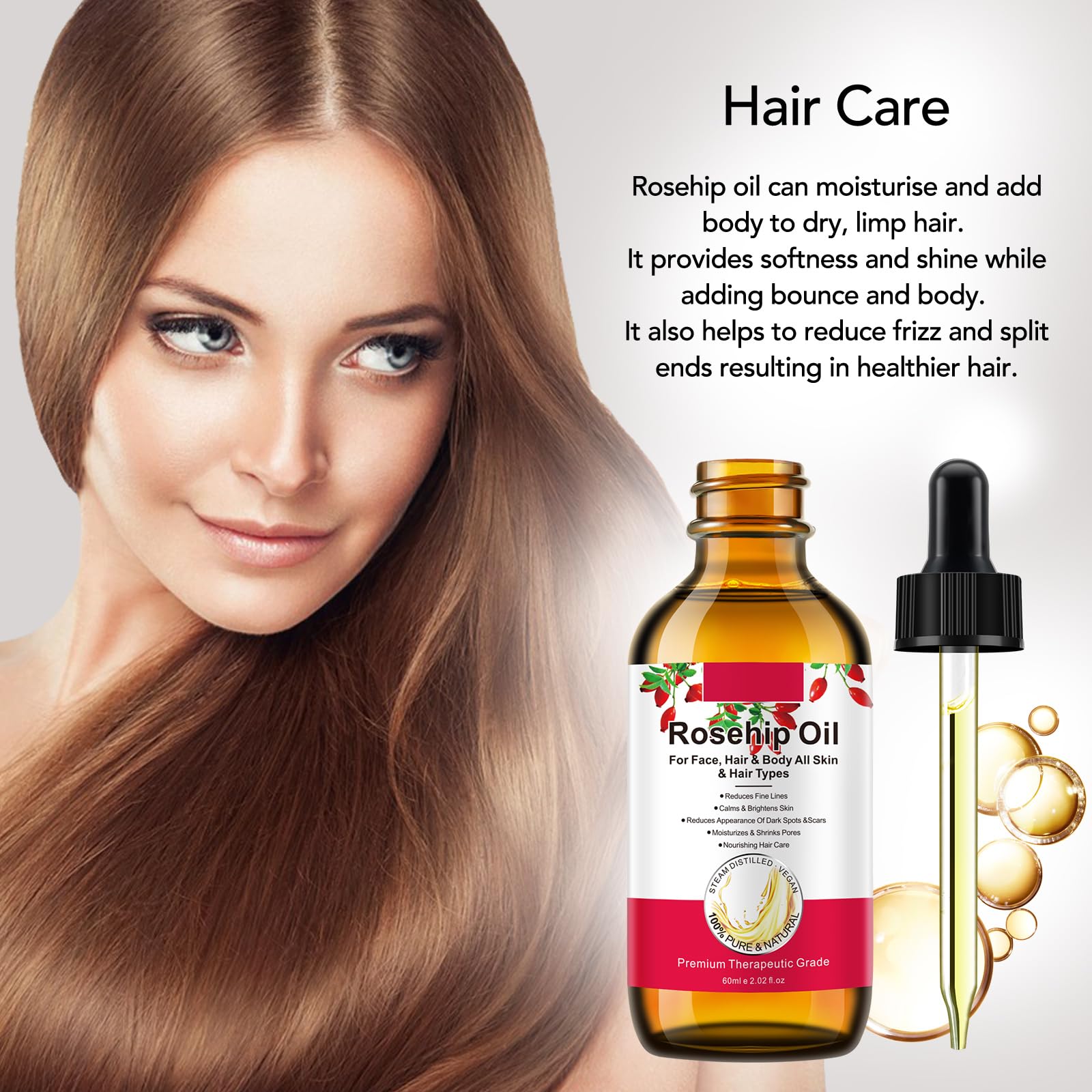 100% Pure & Natural Rosehip Oil 60ml (2.02 fl oz) - Organic Cold-Pressed Rose Hip Seed Oil for Face, Body, Hair & Skin Care - Anti-Aging Moisturizer, Dry Skin Relief & Hair Treatment - Perfect for Night Routine, DIY Beauty & Spa Treatments