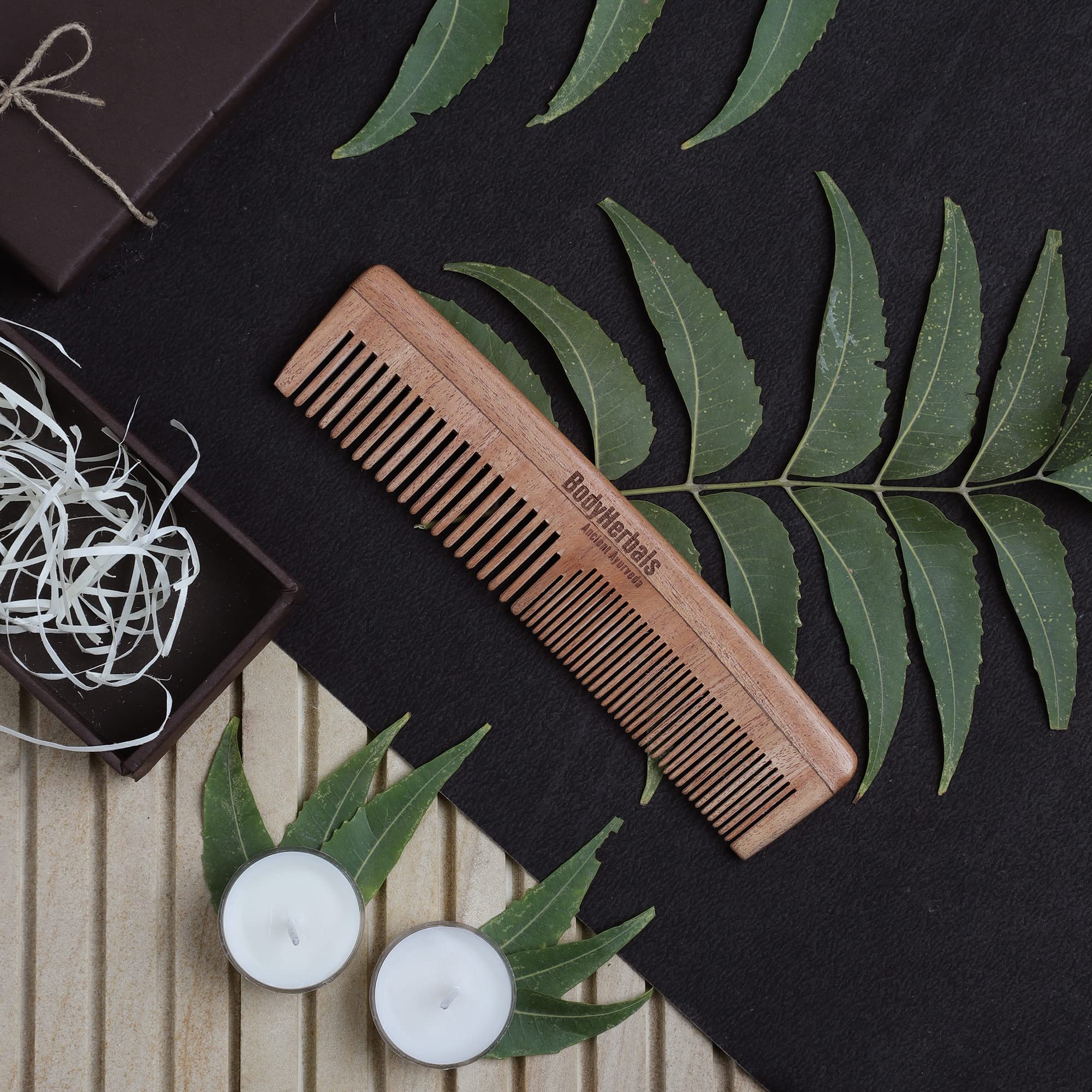 BodyHerbals Double Tooth Dressing Comb - 100% Natural Neem Wood, Handmade with Elegant Design in Gift Box (Cream) | Perfect for Hair Styling, Detangling & Ayurvedic Hair Care