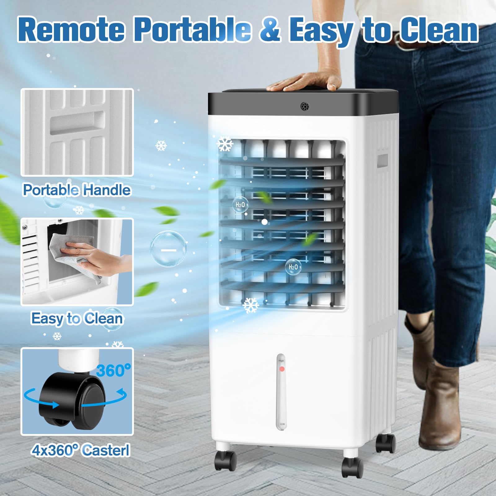 Portable Air Conditioner with 10L Water Tank - 20H Cooling Time, 3 Speeds & 90° Oscillation - Swamp Cooler for Room, Kitchen, Bedroom (Includes 6 Ice Packs) - Perfect for Home, Office & Outdoor Use