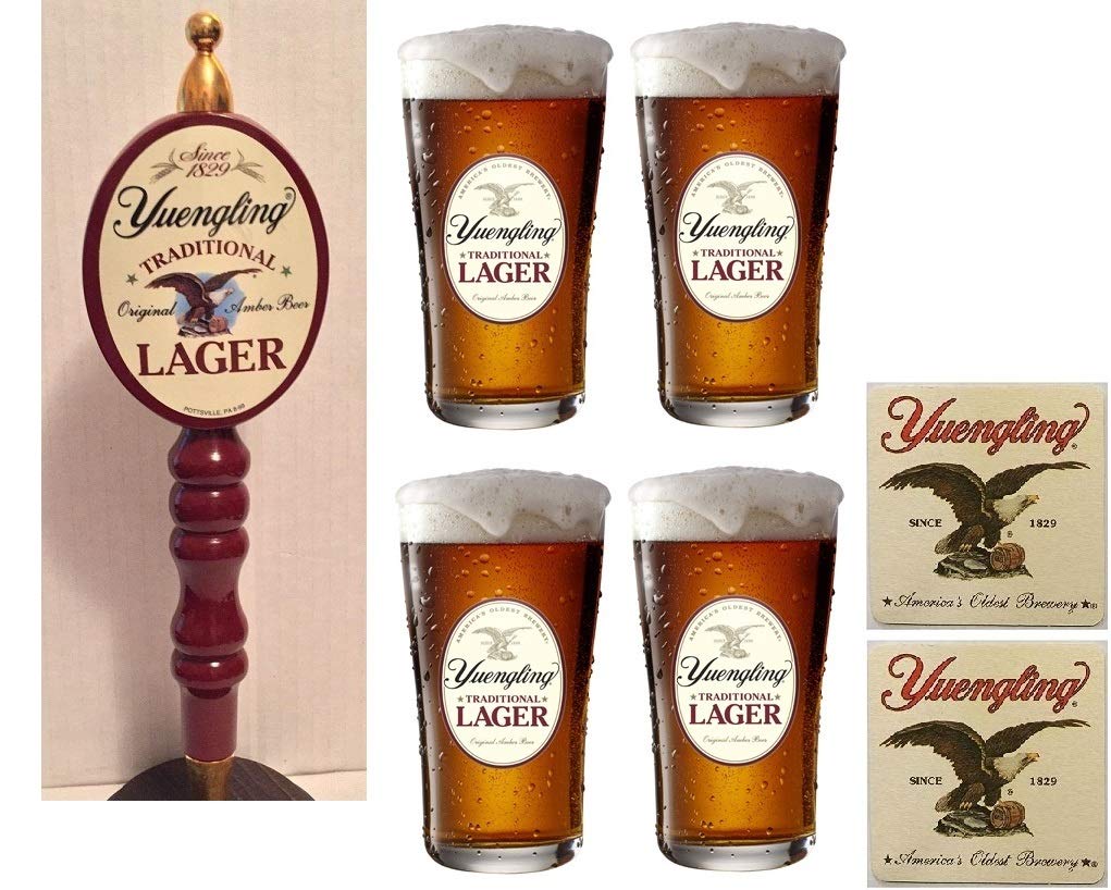 Yuengling Lager Beer Tap Handle with 4 Pint Glasses & 20 Bar Coasters Set - Perfect for Home Bars, Man Caves & Beer Enthusiasts
