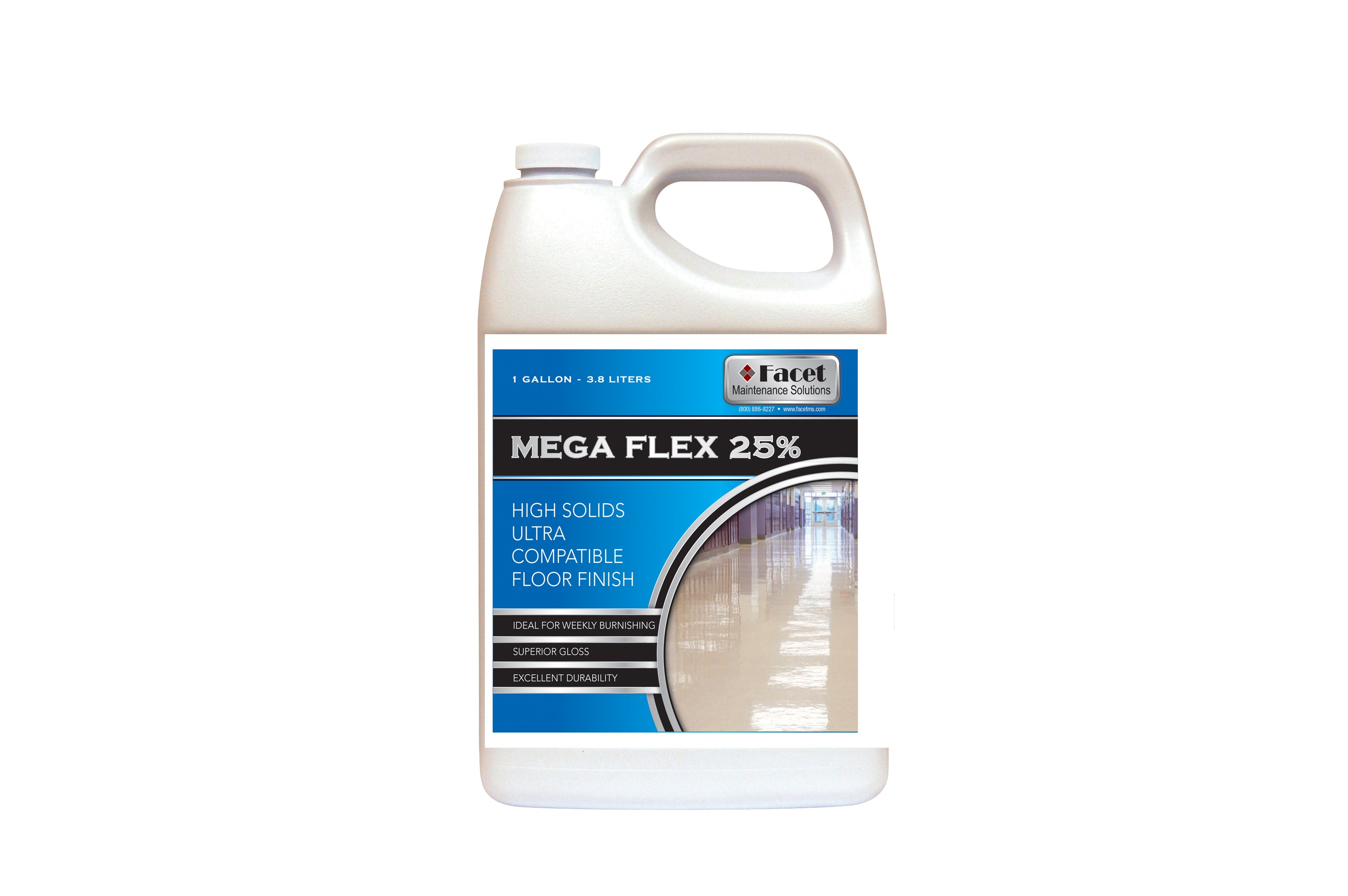Facet Mega Flex High Solids Ultra Compatible Floor Finish - 25% Solids, 1 Gallon | Durable Commercial & Residential Floor Protection for High-Traffic Areas