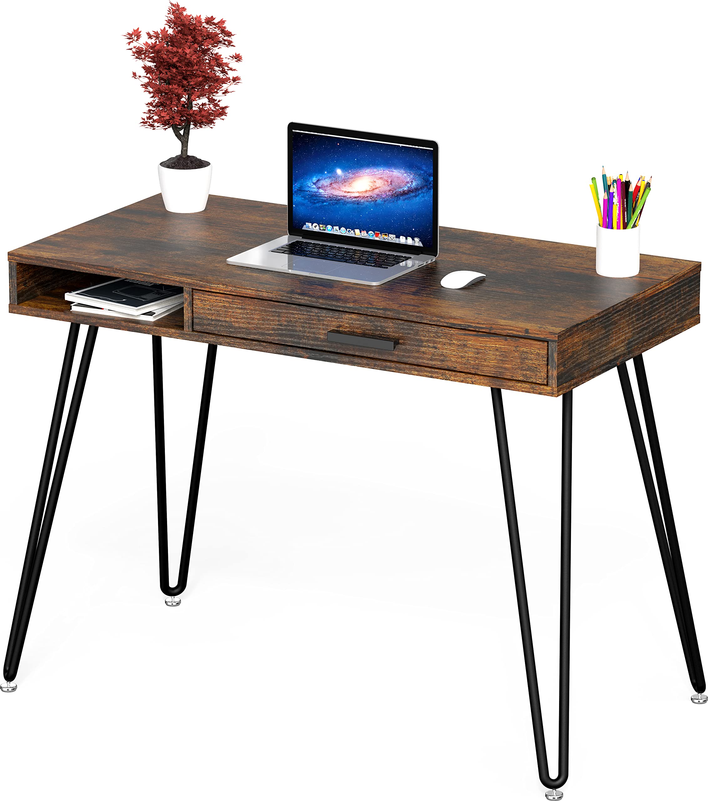 SHW Home Office Computer Desk with Drawer & Hairpin Legs - Rustic Brown Wood Writing Table for Small Spaces, Work from Home, Study & Office Use