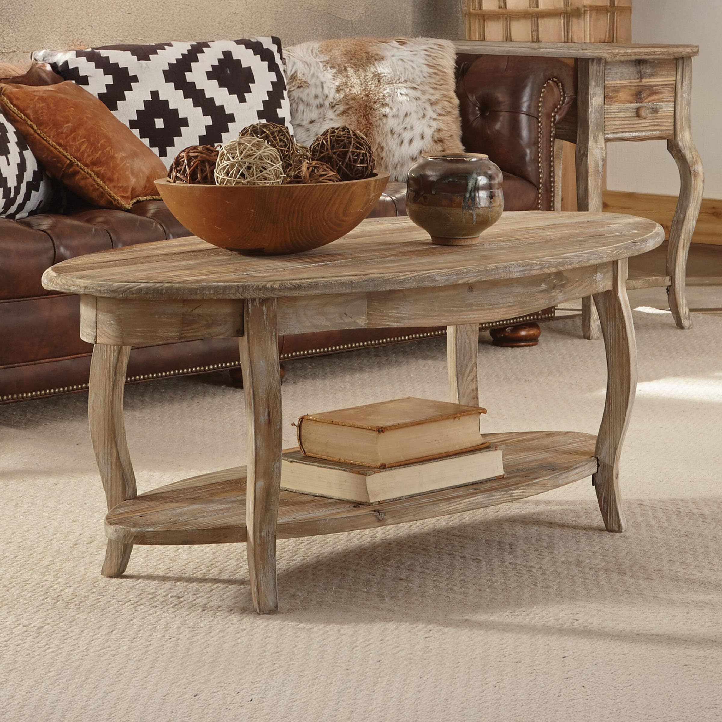 Alaterre Furniture 48 Inch Rustic Oval Coffee Table - Handcrafted Cedar Wood with Curved Legs & Scalloped Edges in Driftwood Finish | Natural & White Distressed Antiquing | Unique Farmhouse Style Accent Table for Living Room, Lounge or Office Decor