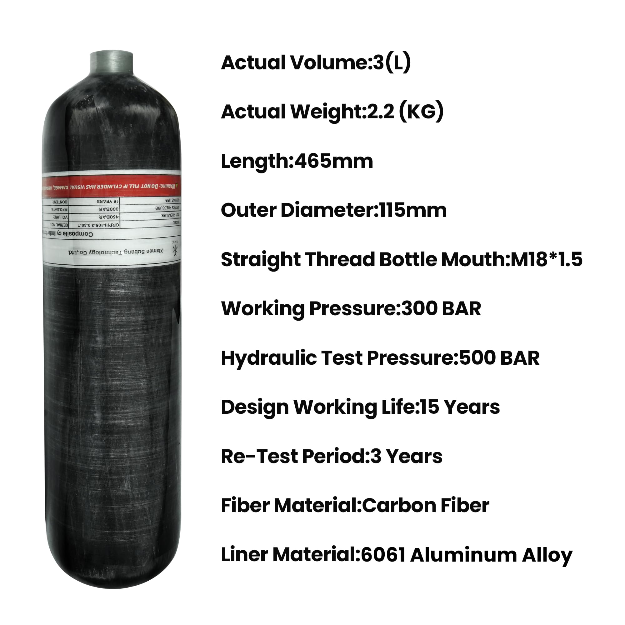 TUXING 4500Psi High Pressure Composite Scuba Tank - 3L Carbon Fiber Air Cylinder for Paintball & Diving | CE Certified | Portable & Lightweight for Outdoor Adventures
