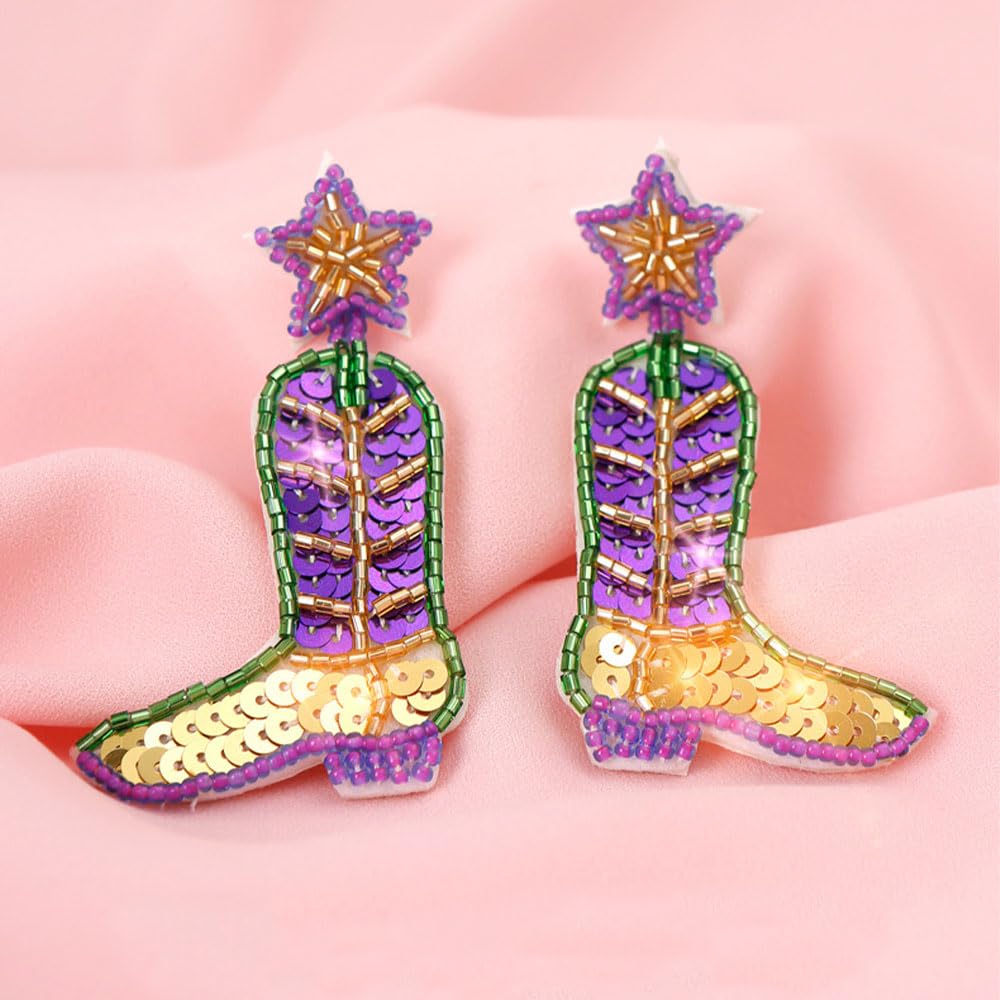 Sparkly Mardi Gras Dangle Earrings for Women - Glitter Beaded Carnival Jewelry - Perfect for Mardi Gras Parties, Costume Accessories & Festive Celebrations