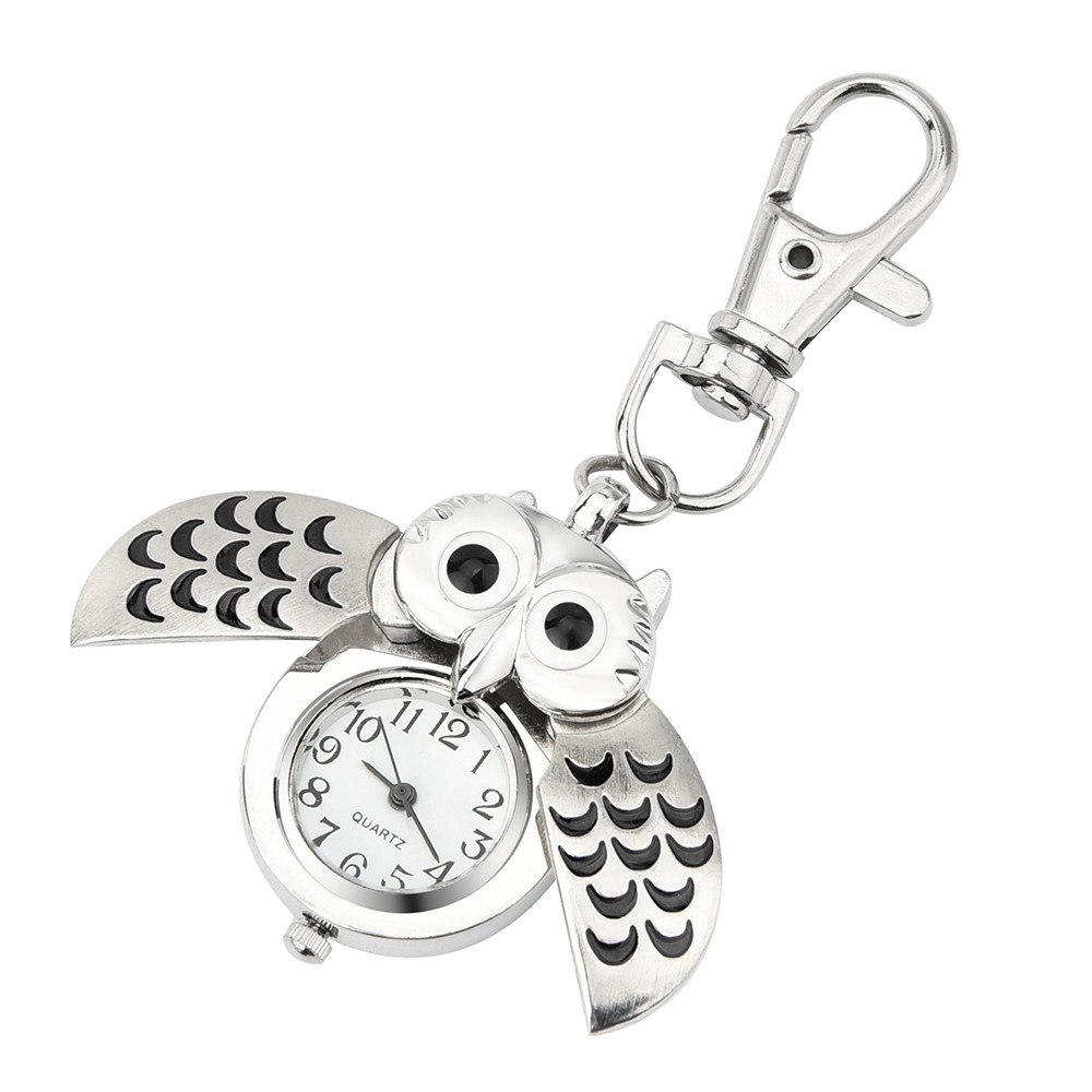 Stylish Blue Owl Face Analog Pocket Watch for Men & Women - Vintage Keychain Clip Watch - Perfect for Gifts, Collectors, and Fashion Accessories