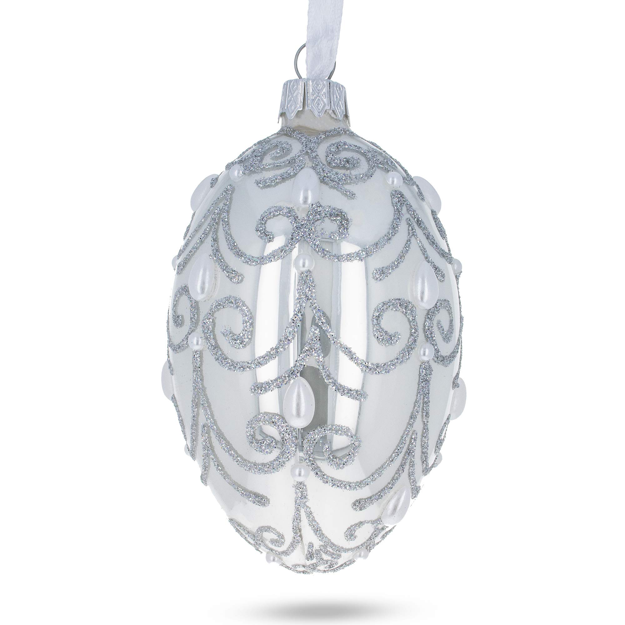 4 Inch Glossy White Glass Jeweled Beads Egg Ornament - Perfect for Christmas Tree Decor, Easter Decorations & Home Holiday Centerpiece