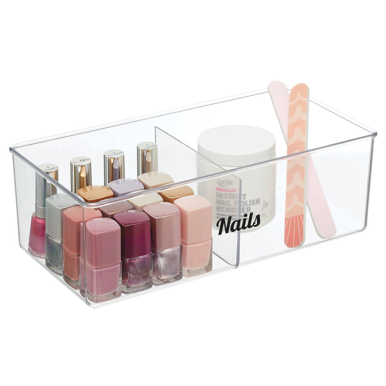 mDesign Plastic Makeup Organizer Caddy Bin with 2 Sections - Clear Cosmetic Storage for Makeup Brushes, Lipstick, Cosmetics - Includes 32 Adhesive Labels - Perfect for Bathroom Vanity, Countertops, or Cabinet Organization