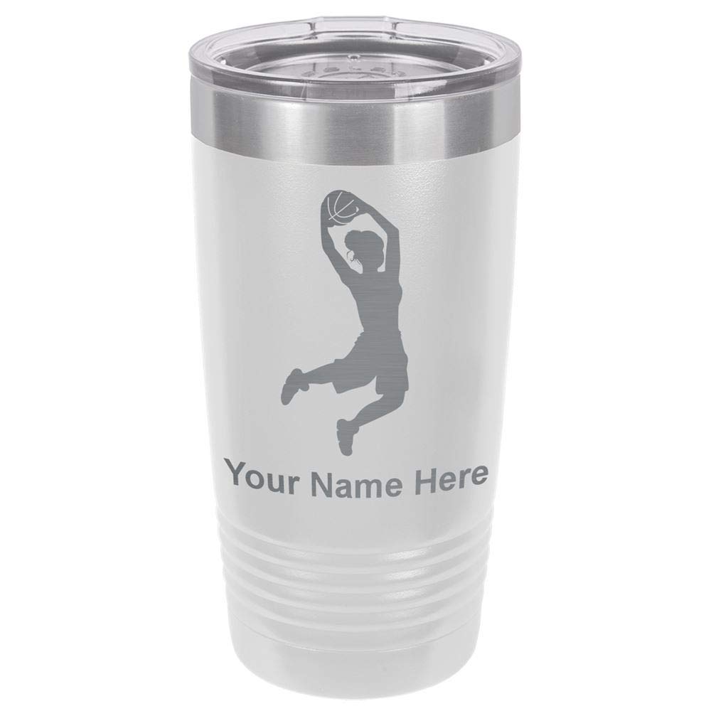 LaserGram 20oz Vacuum Insulated Stainless Steel Tumbler Mug with Basketball Slam Dunk Design - Personalized Engraving Gift for Women - Keeps Drinks Hot/Cold for Hours - Perfect for Office, Gym & Outdoor Activities (White)