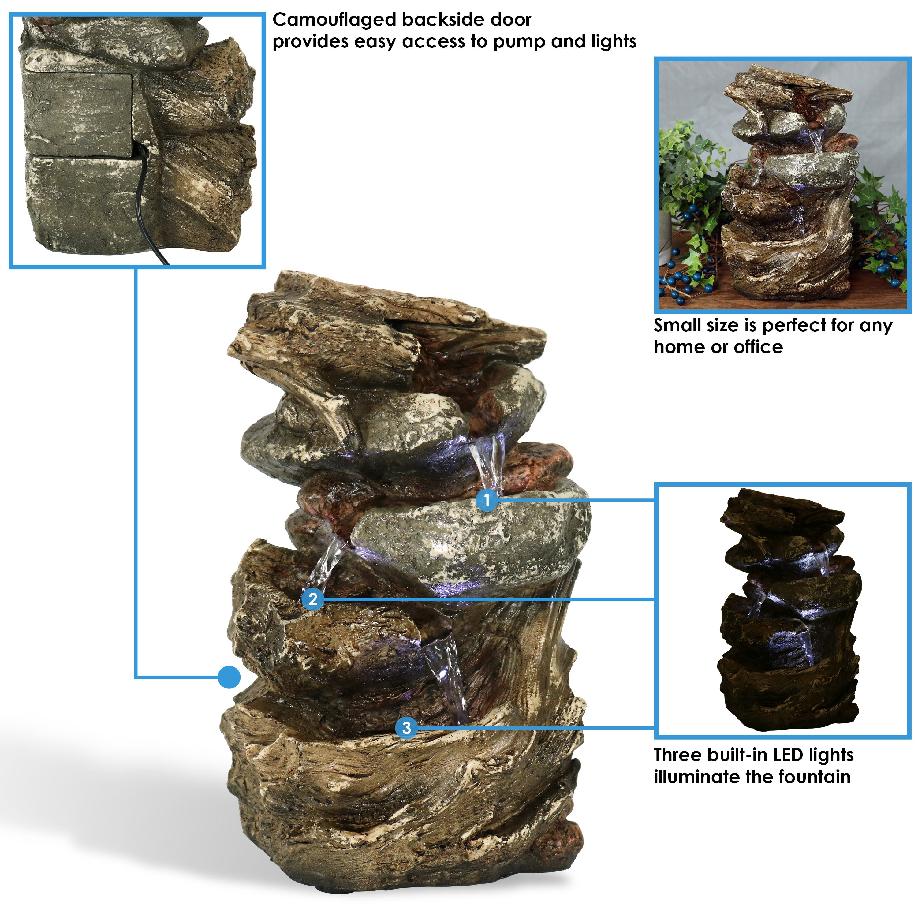 Tiered Rock & Log Indoor Waterfall Fountain with LED Lights - Relaxing Zen Water Feature for Home, Office & Meditation Spaces