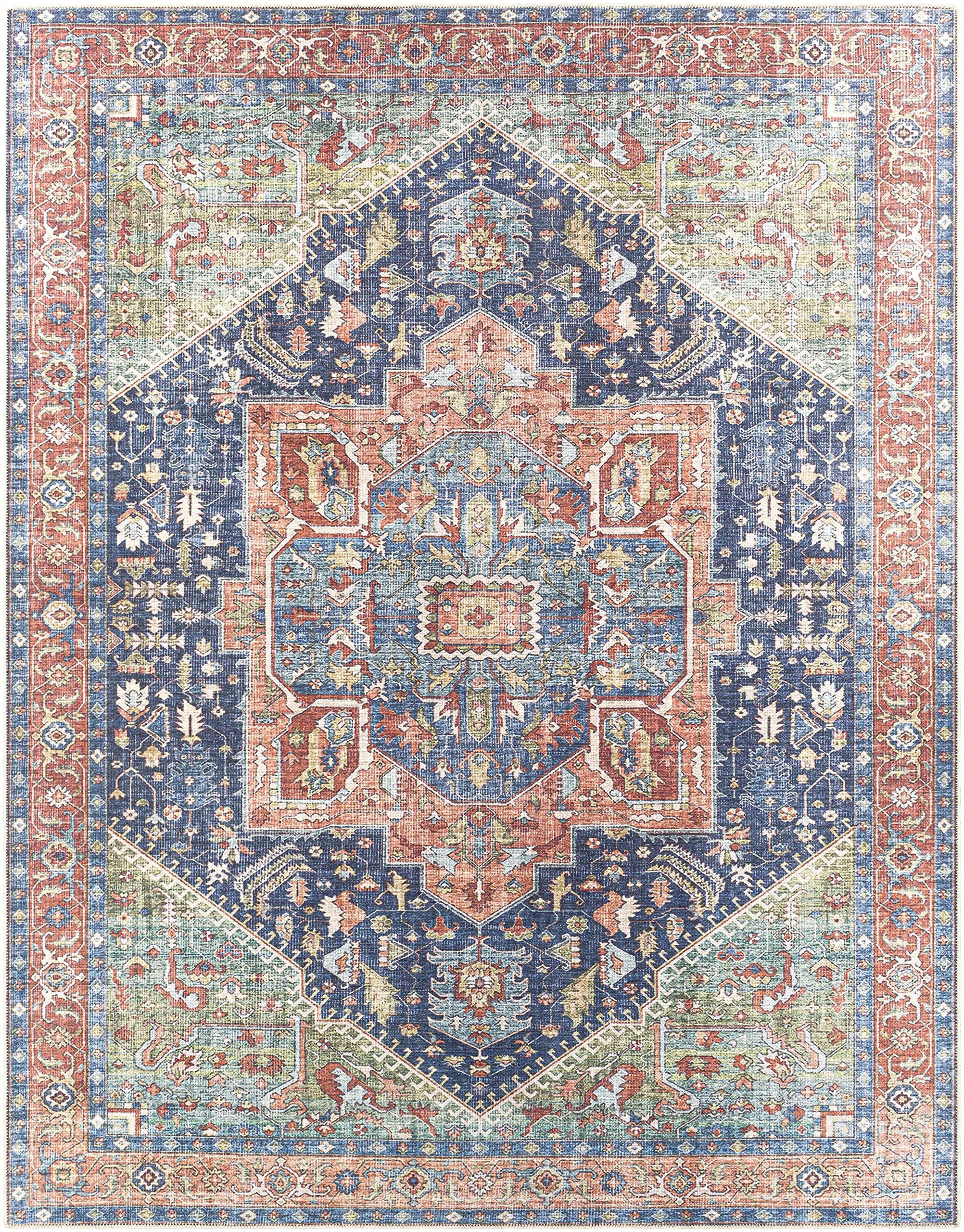 Hauteloom Exira Washable Runner Rug for Hallway & Kitchen - Traditional Design in Blue, Brick Red, Camel - 2'7
