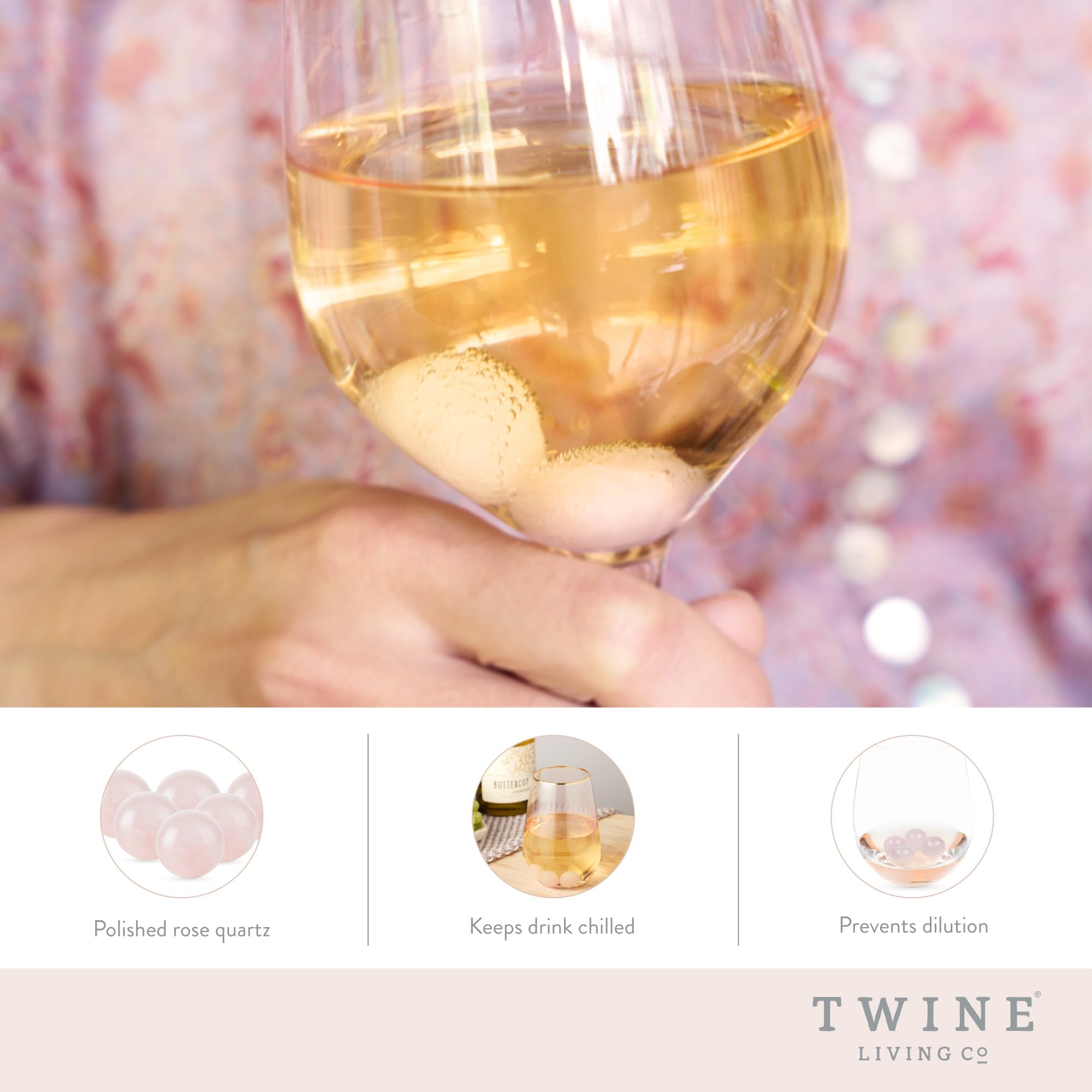 Twine Rose Quartz Wine Gems - Set of 6 Pink Drink Chillers & Whiskey Stones | Real Polished Rose Quartz Stone Spheres for Wine, Cocktails & Whiskey | Perfect for Parties, Gifts & Home Bars